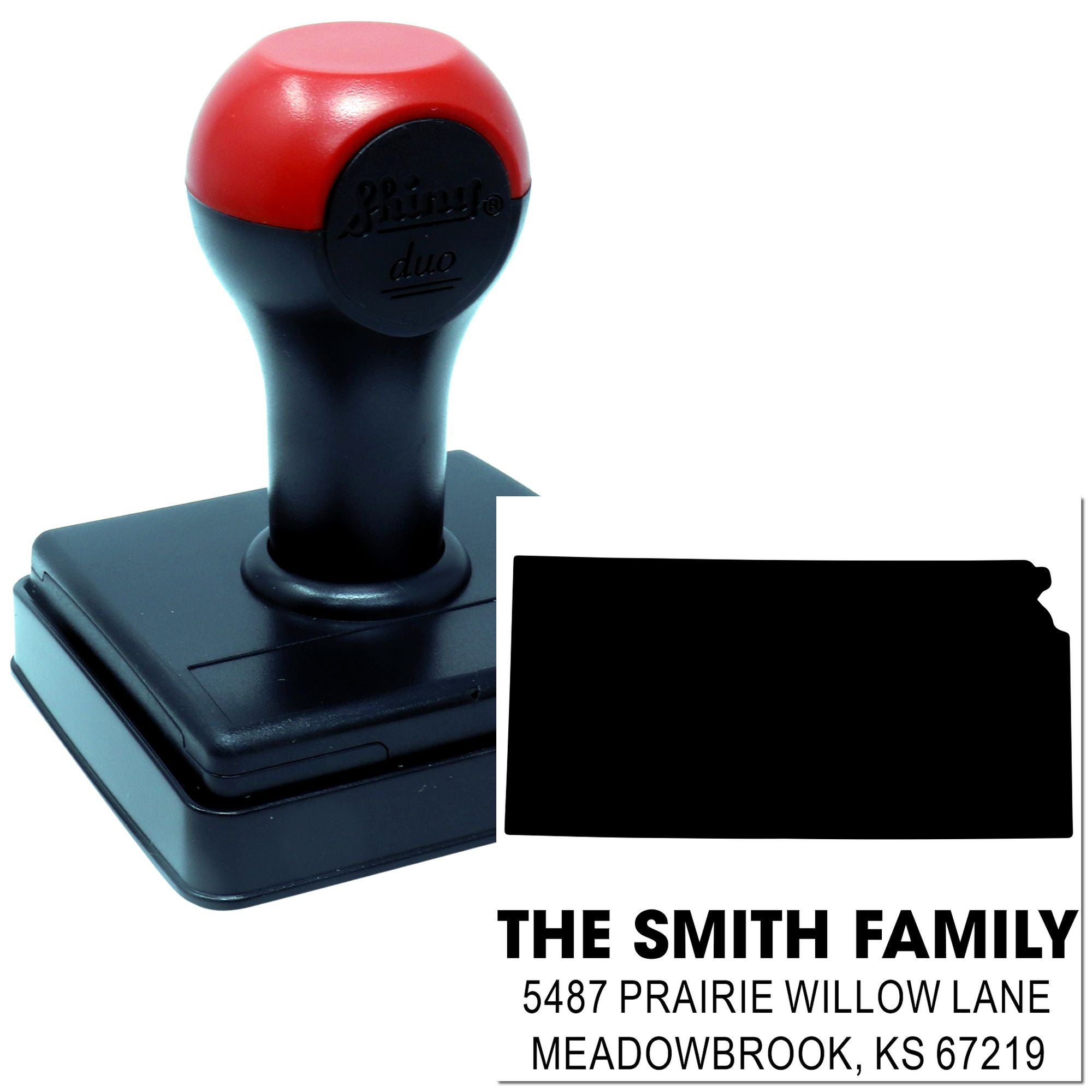 Custom self-inking address rubber stamp with The Smith Family name and return address imprint