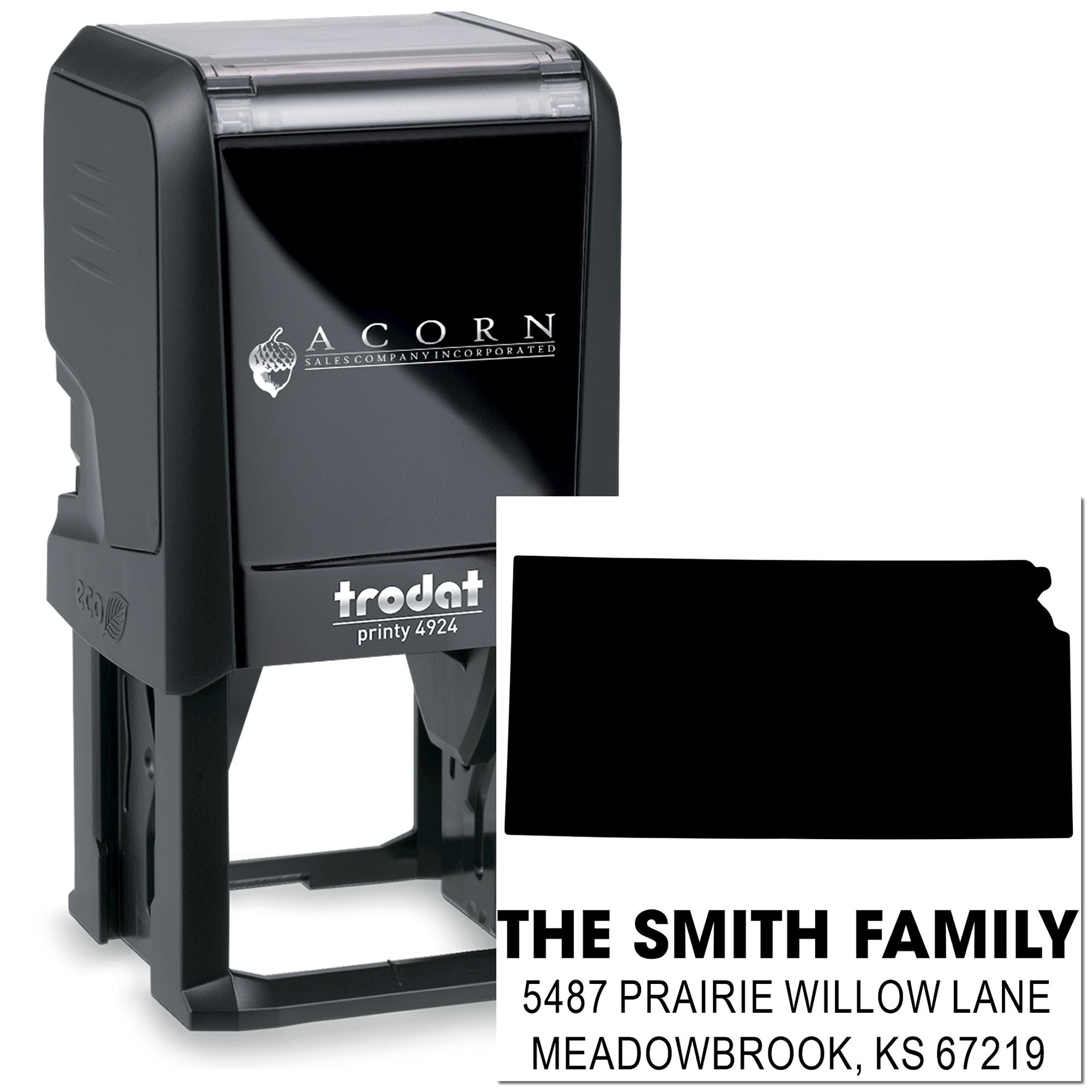 Custom self-inking address rubber stamp, Trodat Printy 4924, with family name and return address imprint.