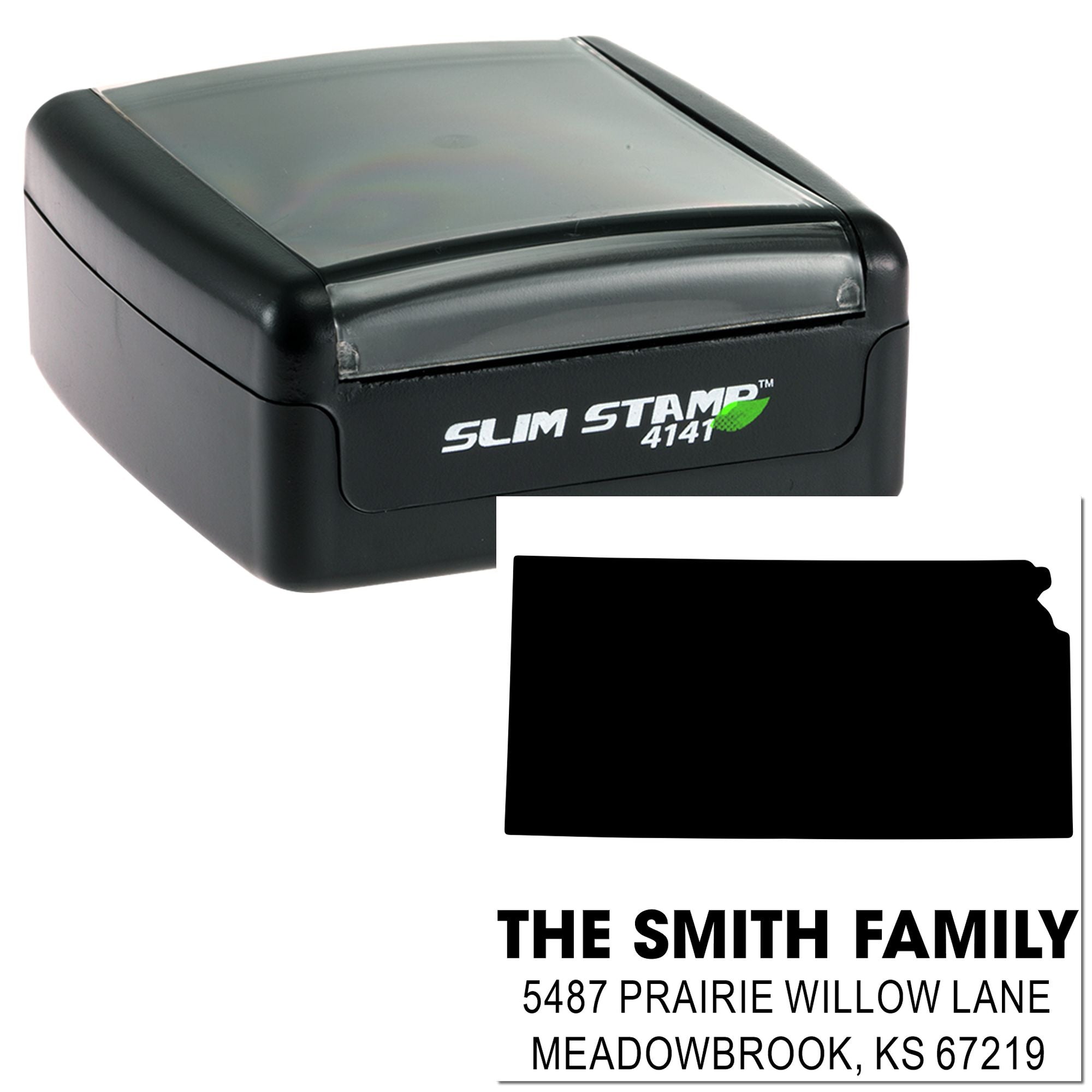 Custom self-inking address rubber stamp, Slim Stamp 4141, with The Smith Family name and return address imprint