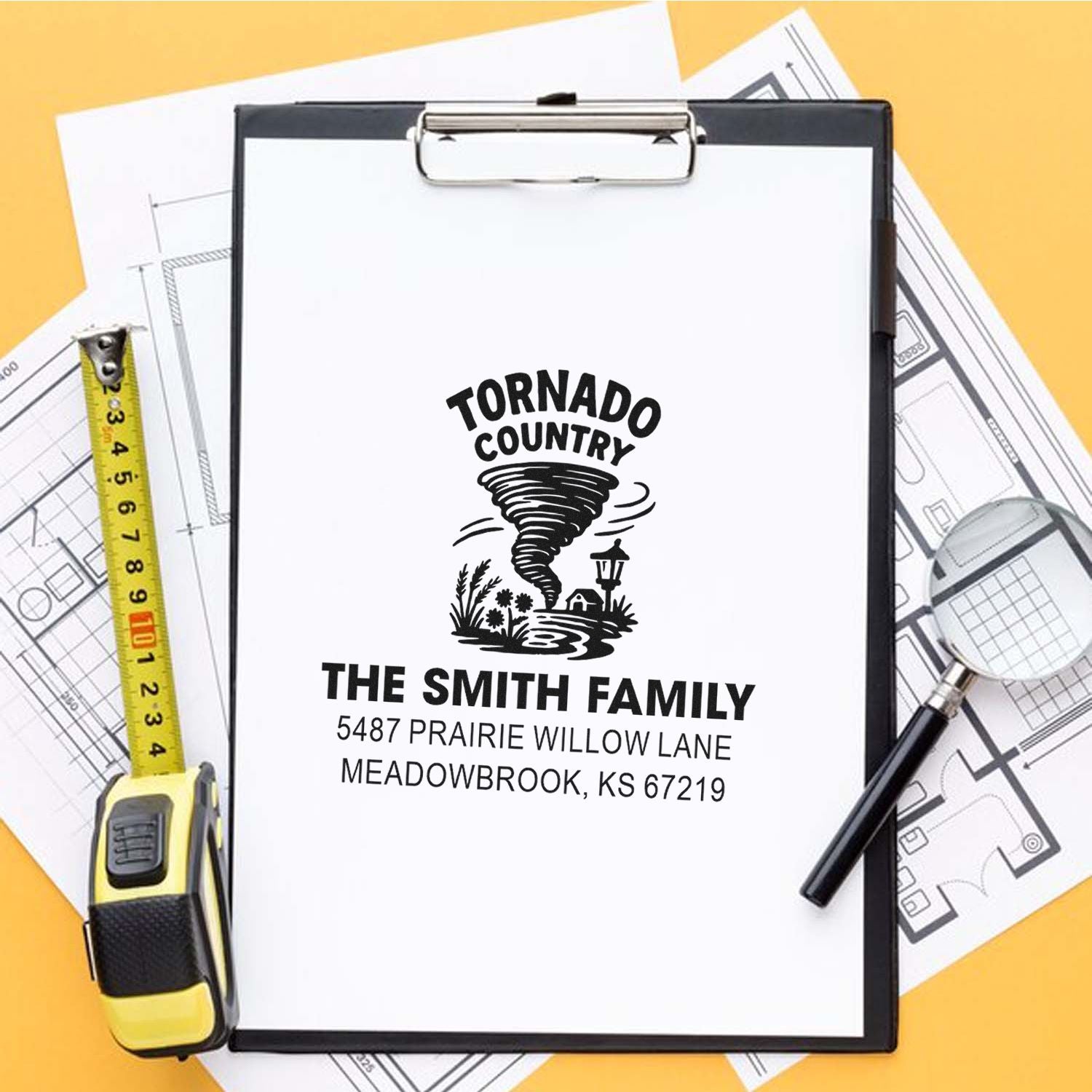 Custom family address rubber stamp with tornado country design for The Smith Family, ideal for mailing and home construction branding