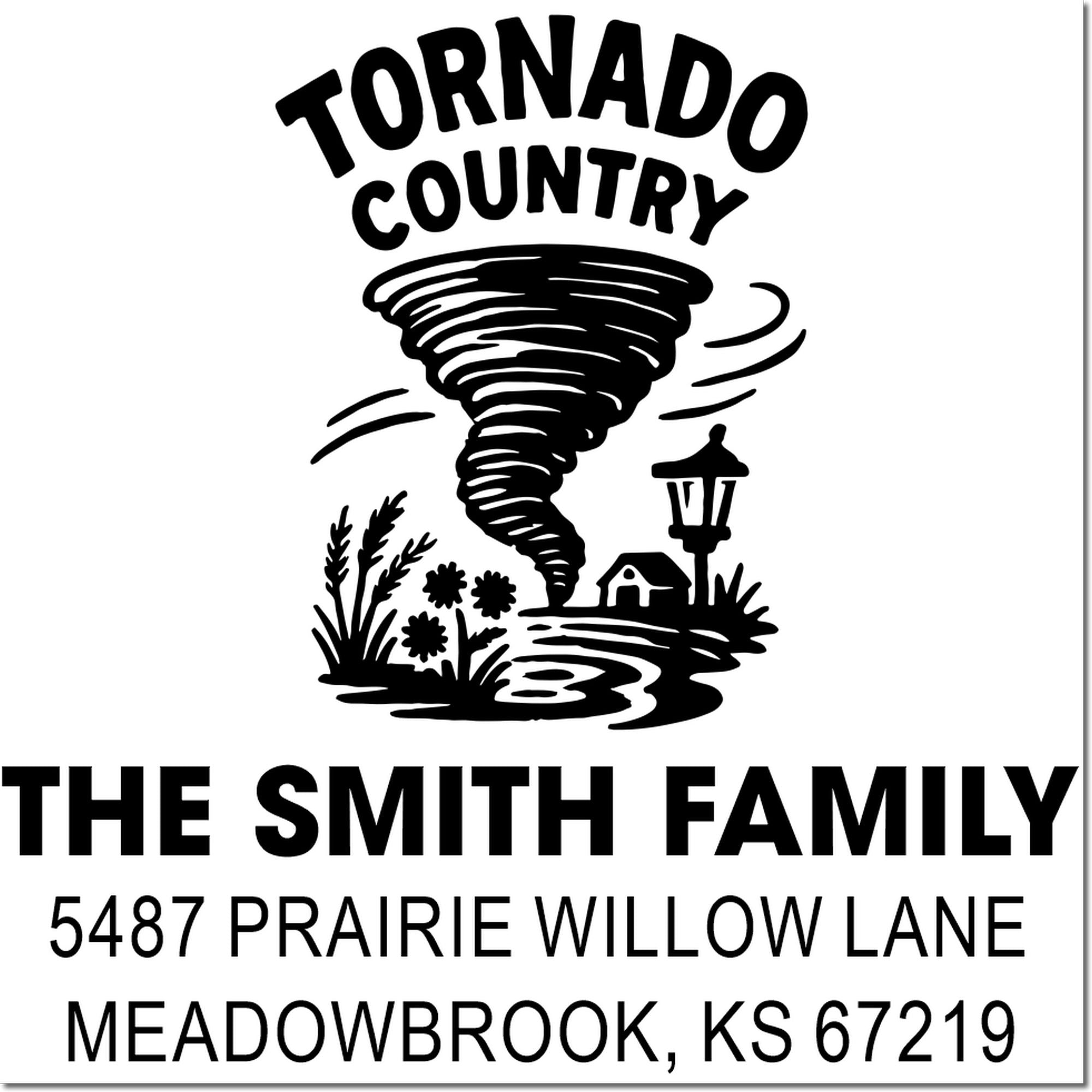 Custom tornado country family address rubber stamp for The Smith Family, Meadowbrook, KS 67219.