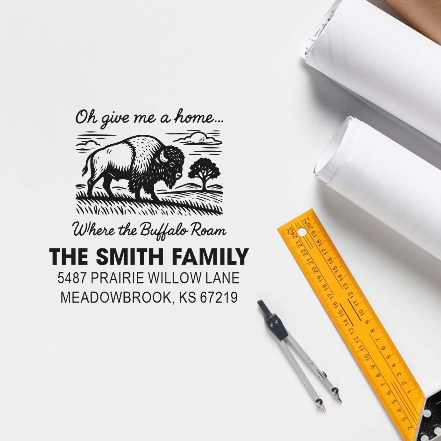 Custom Smith Family return address rubber stamp with buffalo artwork for personalized home mailings.