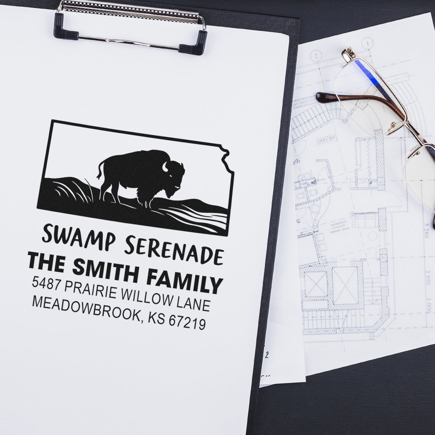 Custom address rubber stamp proof with buffalo silhouette for The Smith Family mailings.