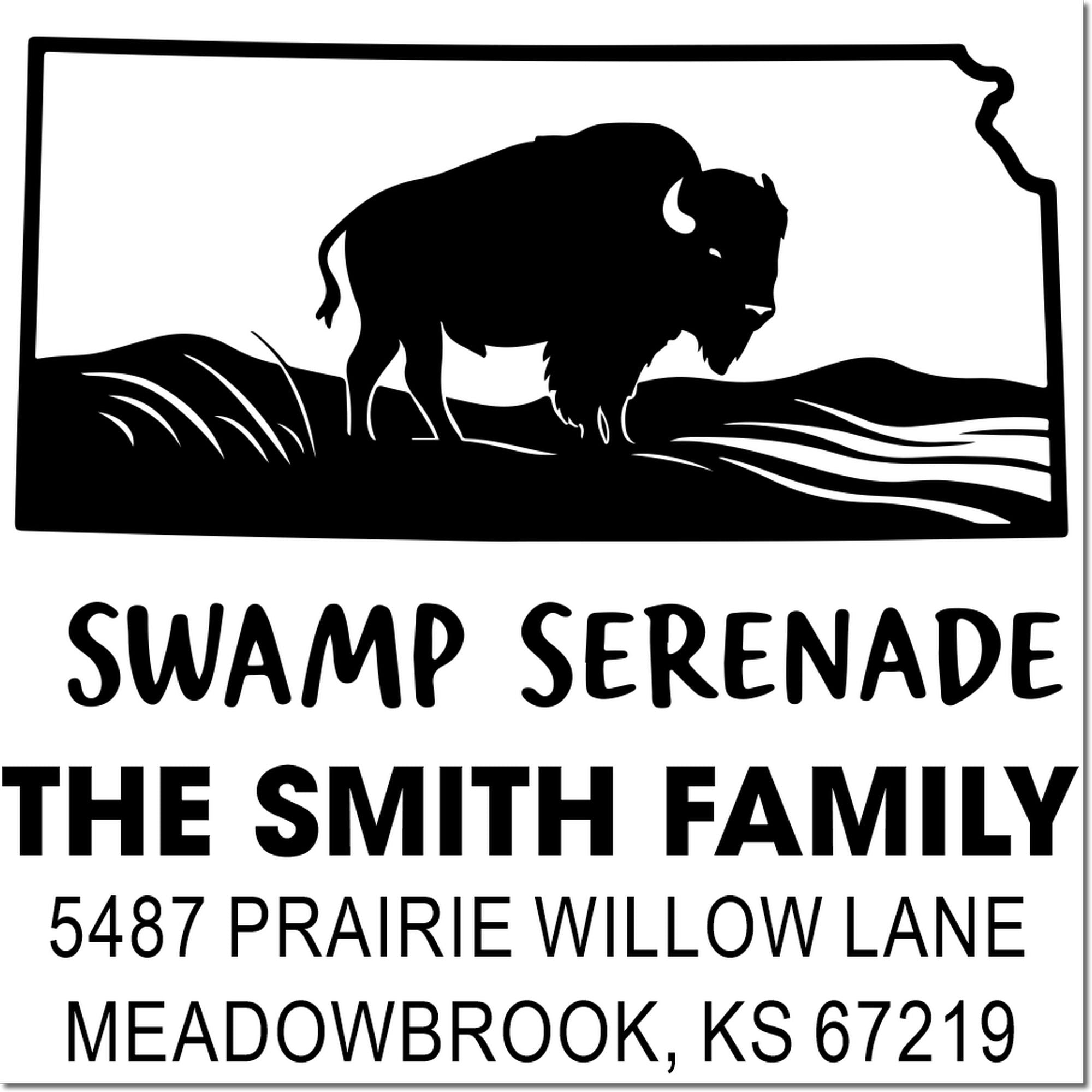 Custom Kansas buffalo address stamp for the Smith family, with Swamp Serenade and Meadowbrook, KS return address.