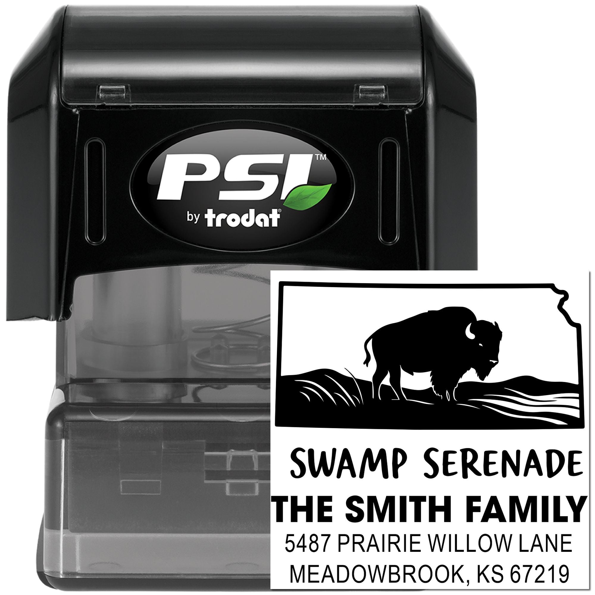 Personalized self-inking rubber address stamp with buffalo design, family name, and return address by PSI/Trodat.