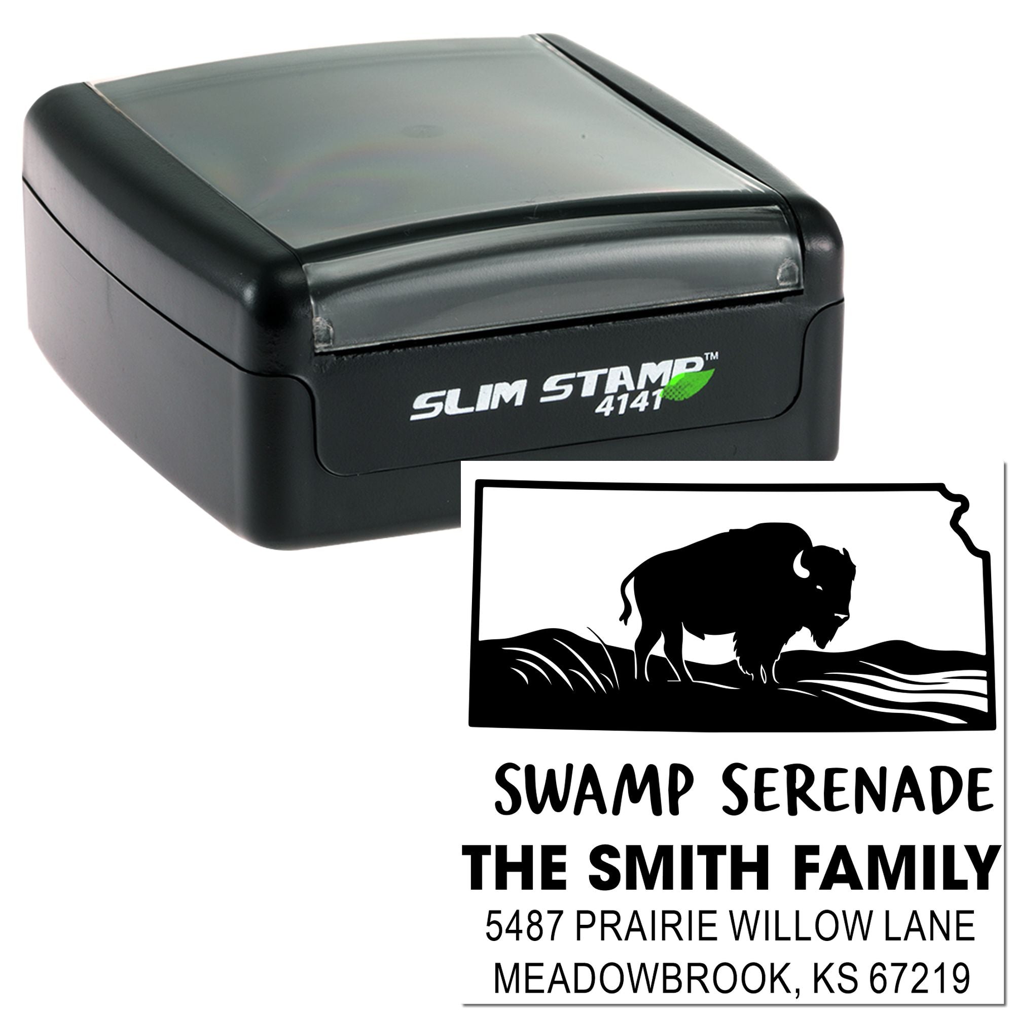 Custom self-inking rubber address stamp with buffalo design for The Smith Family, Meadowbrook, KS.
