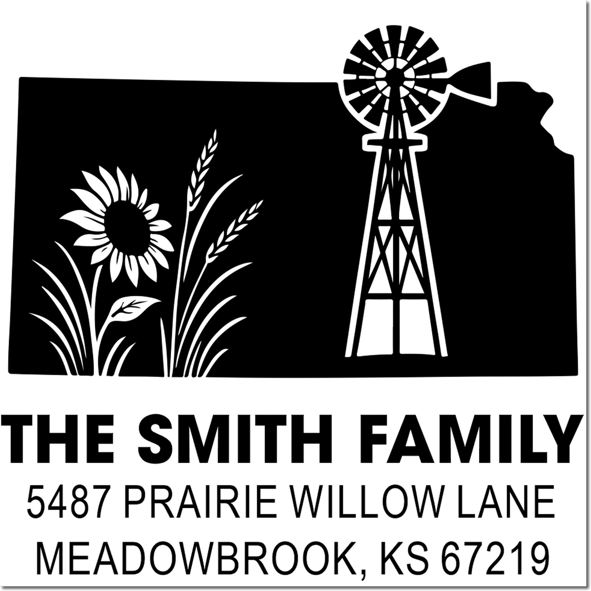 Custom farm return address stamp with sunflower and windmill design for The Smith Family, Meadowbrook, KS.
