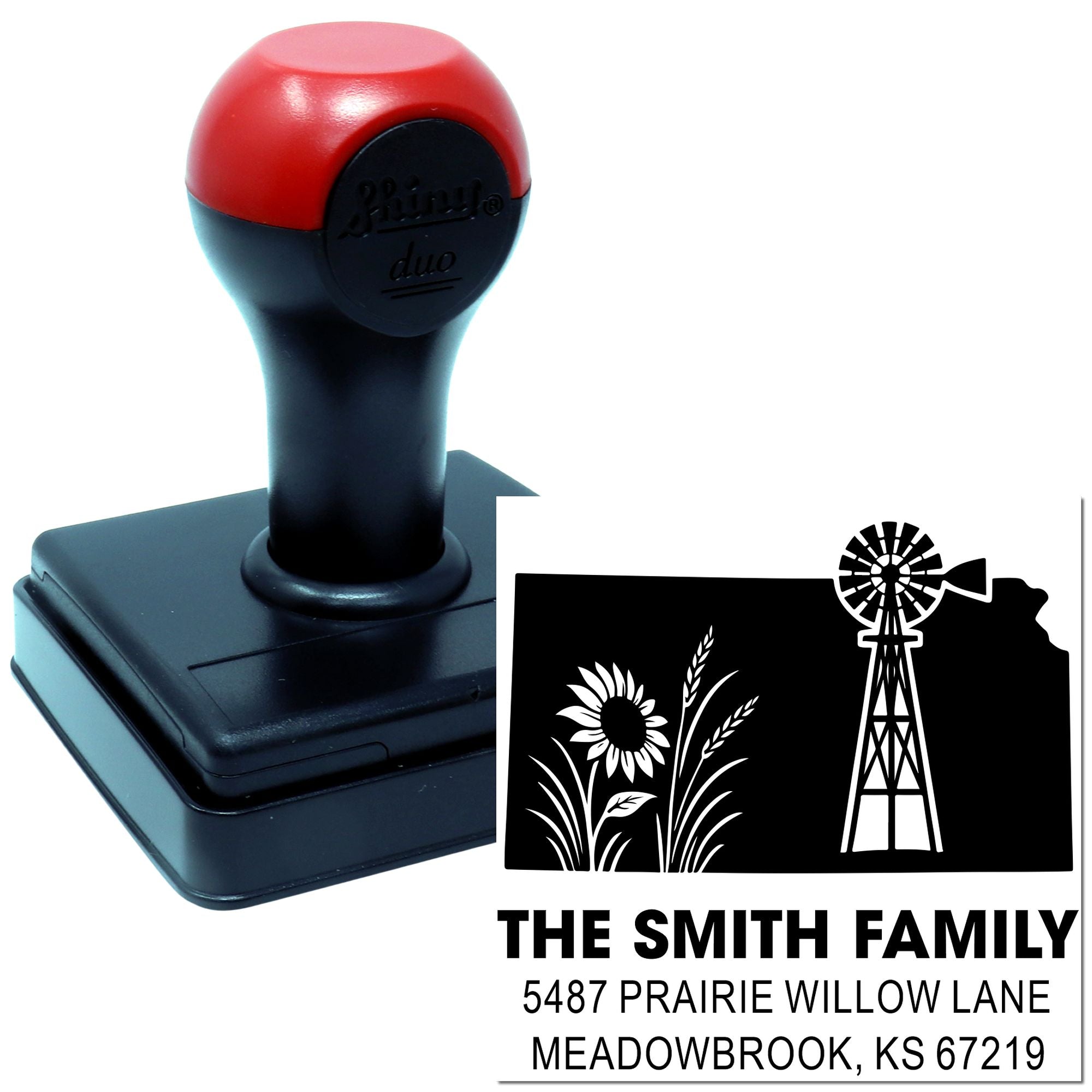 Custom self-inking rubber stamp with family name, address, sunflower and windmill design for personalized mail