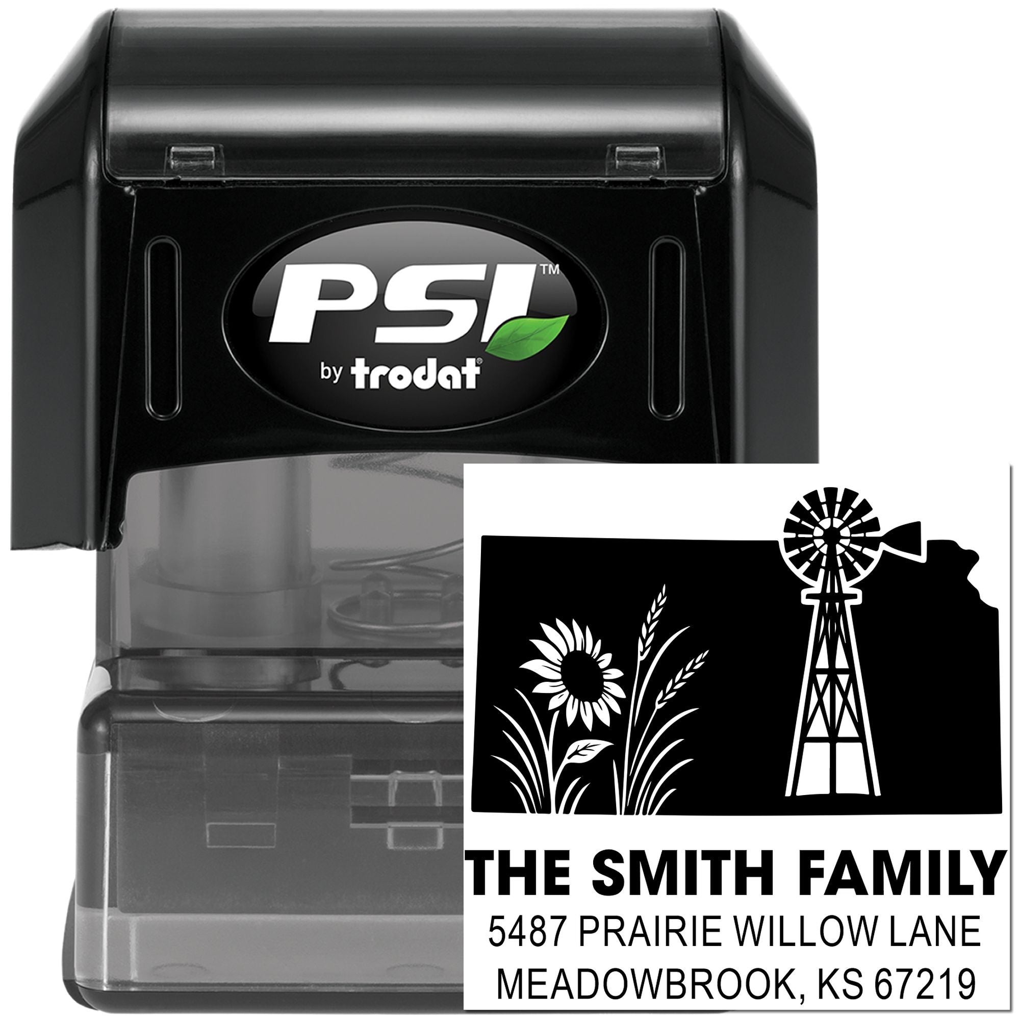 Custom self-inking address rubber stamp with sunflower and windmill design for The Smith Family, PSI by Trodat