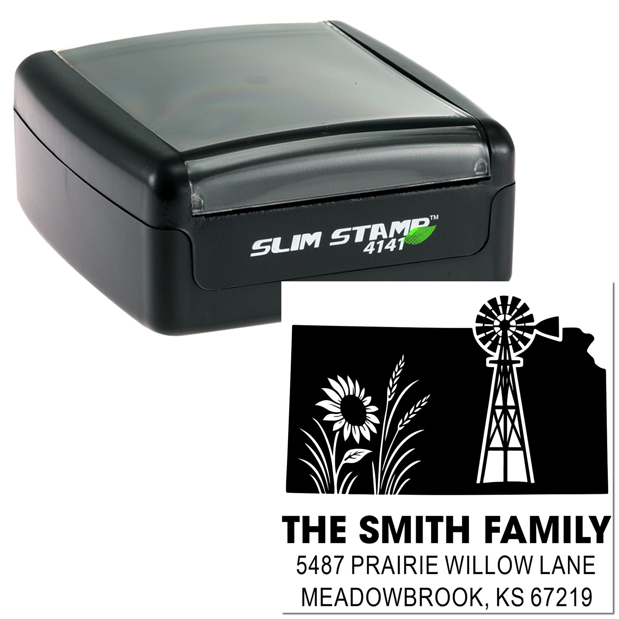 Slim Stamp 4141 custom self-inking rubber stamp with farm windmill return address design for The Smith Family.