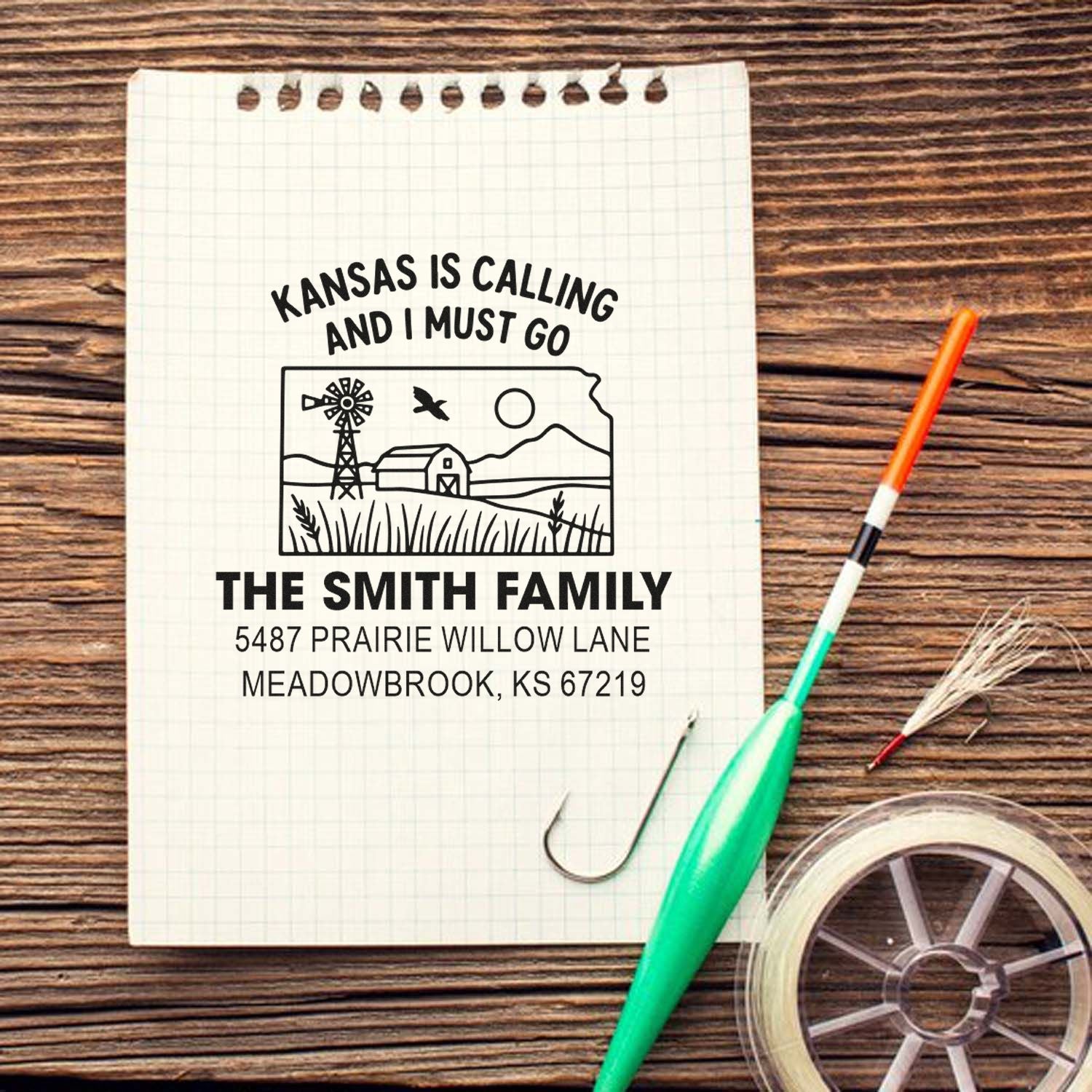 Custom Kansas address rubber stamp with farmhouse design, family name, and Kansas is calling and I must go slogan.