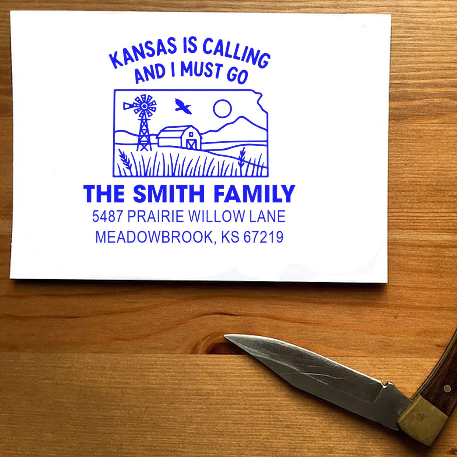 Custom Kansas return address rubber stamp for The Smith Family with farm scene, barn, windmill and Meadowbrook, KS address.