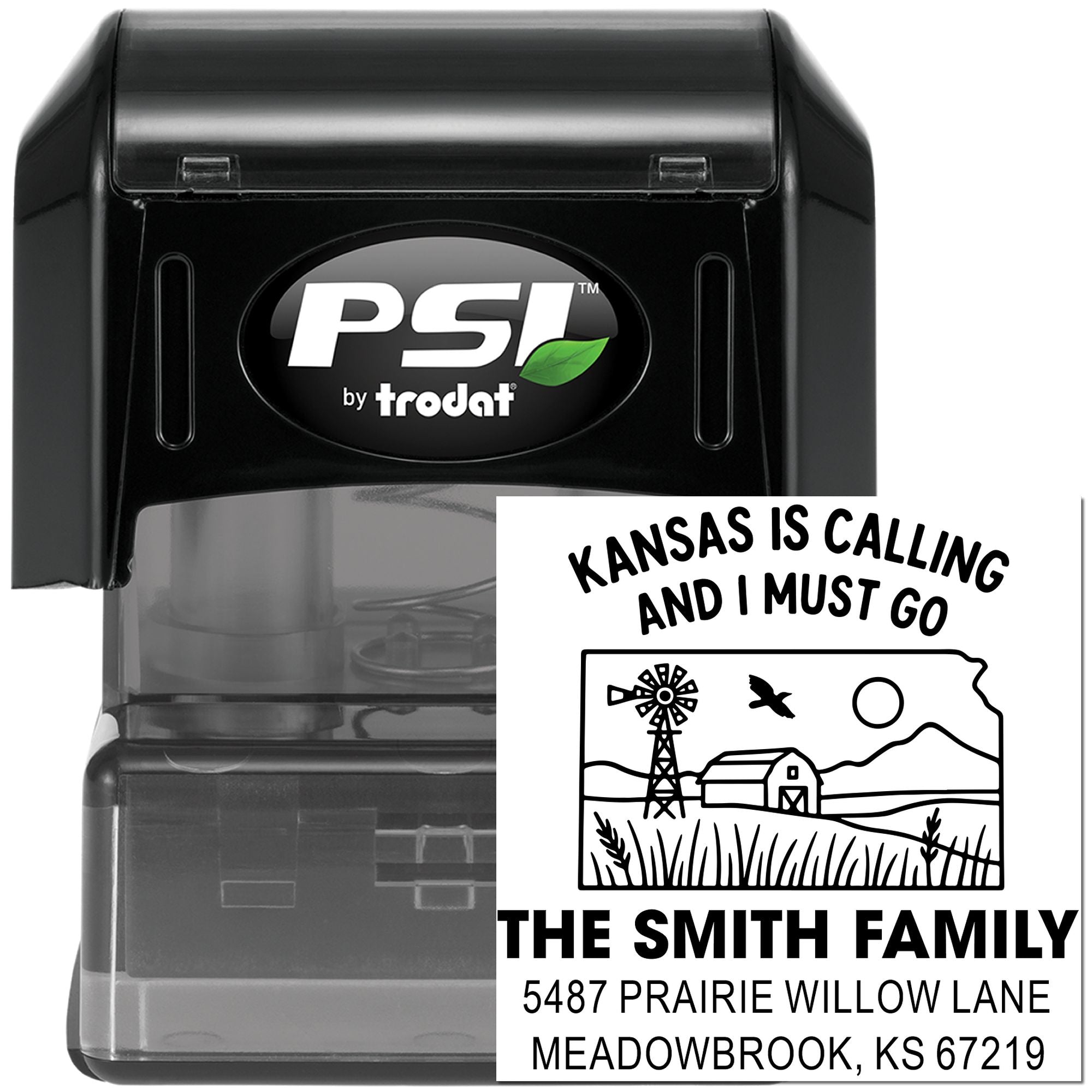 PSI by Trodat self-inking custom rubber address stamp with Kansas family design for personalized mail and home use.