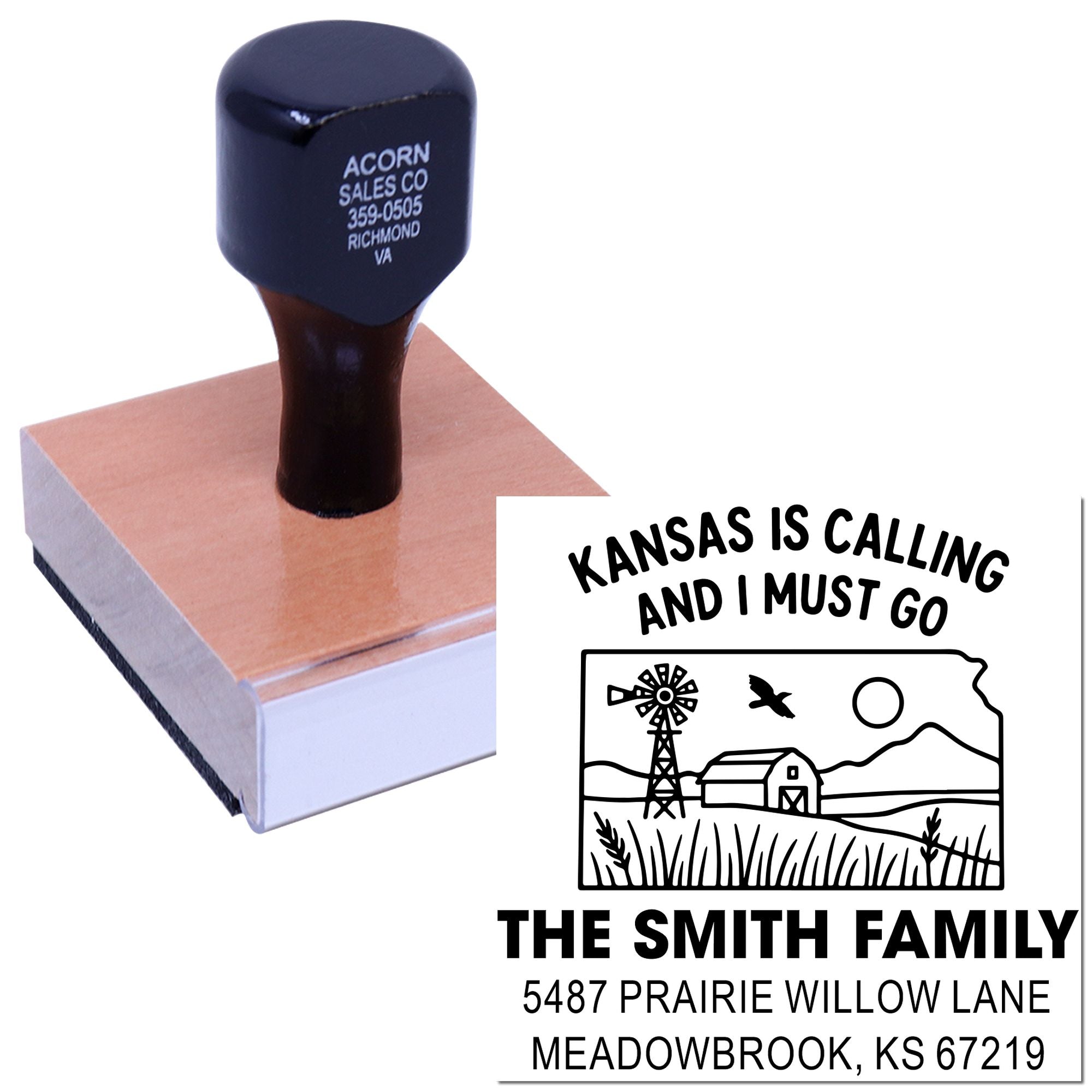 Custom rubber stamp with Kansas barn design and return address for The Smith Family, ideal for personalized envelope stamping.