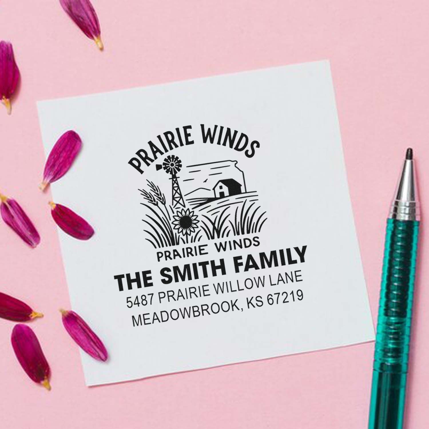 Personalized Prairie Winds return address rubber stamp for The Smith Family, with farmhouse and windmill design.