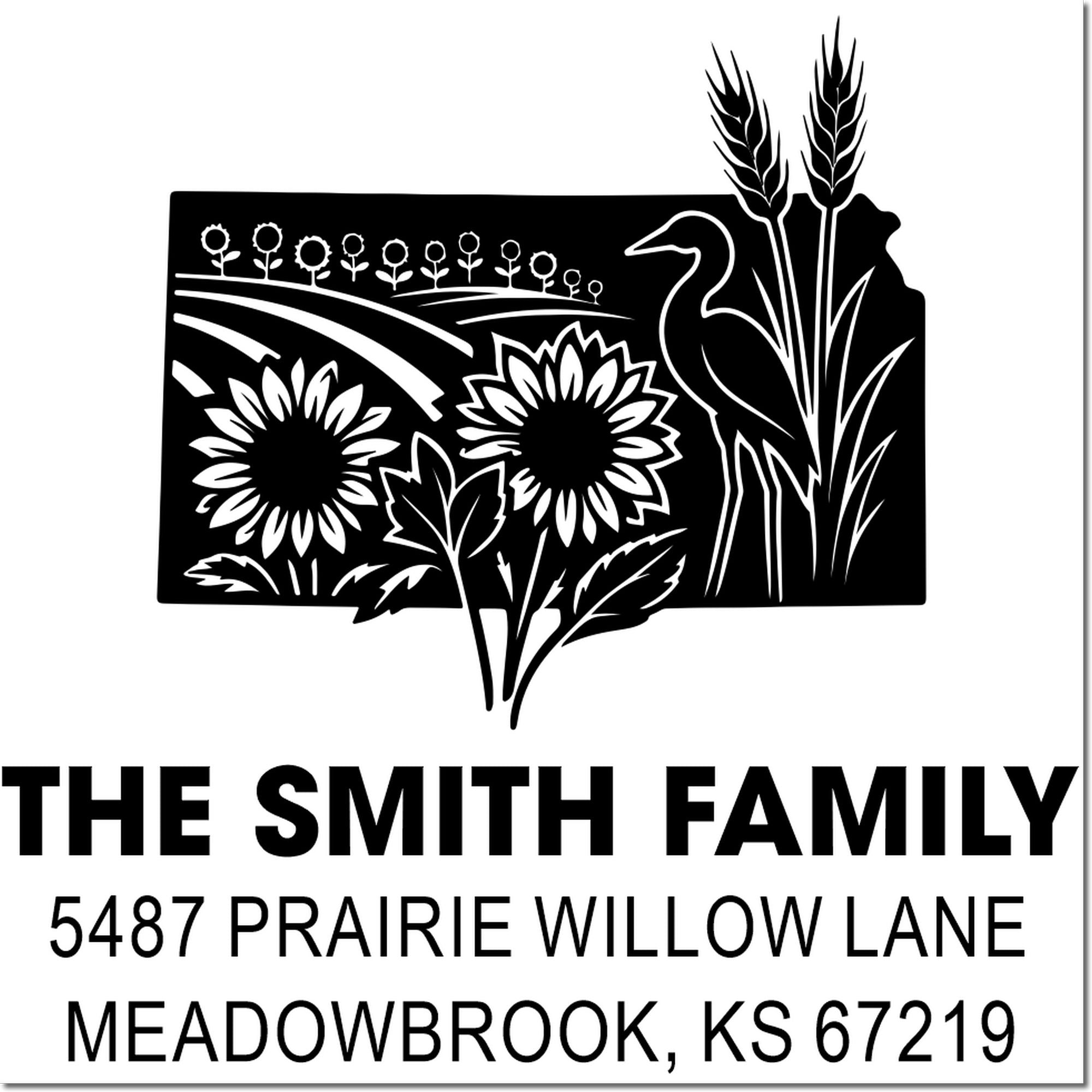 Custom family address rubber stamp with sunflowers, bird, and wheat for The Smith Family, Meadowbrook, KS 67219.