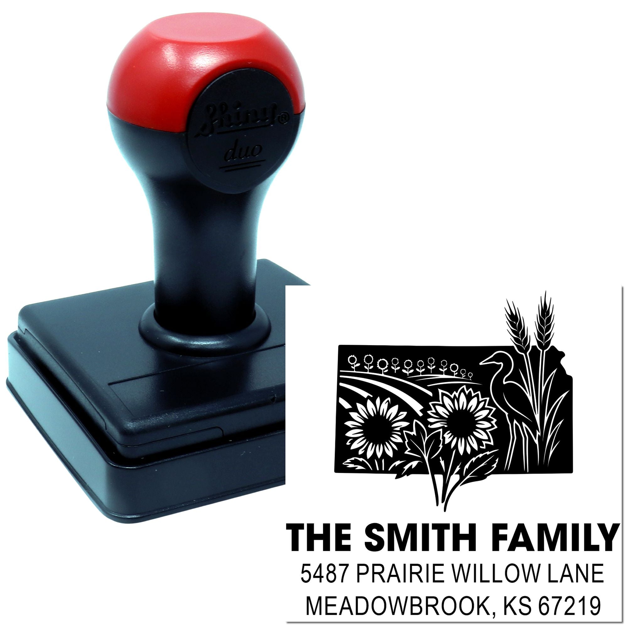 Personalized self-inking rubber address stamp with floral design for The Smith Family return address.
