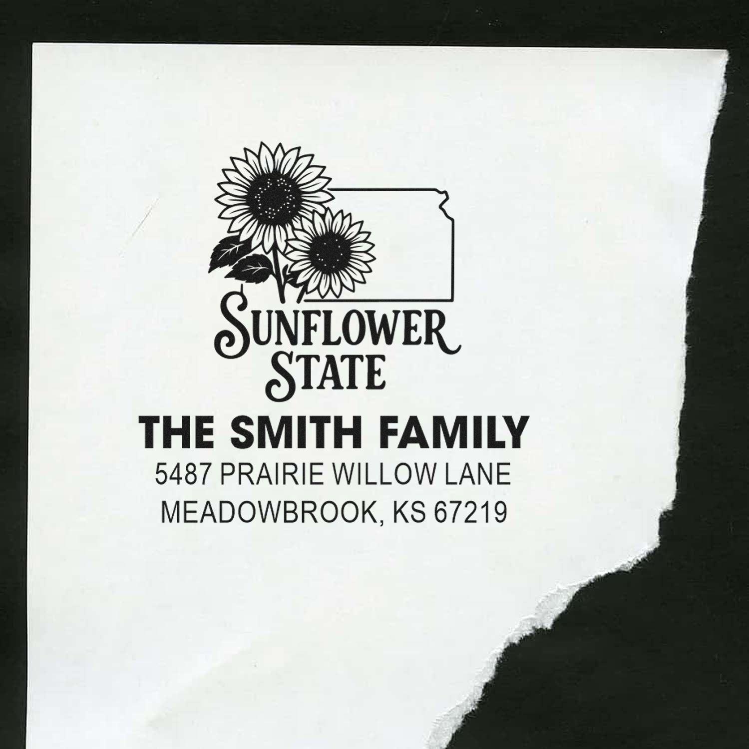 Custom return address rubber stamp with sunflower state design for The Smith Family, Meadowbrook, KS.