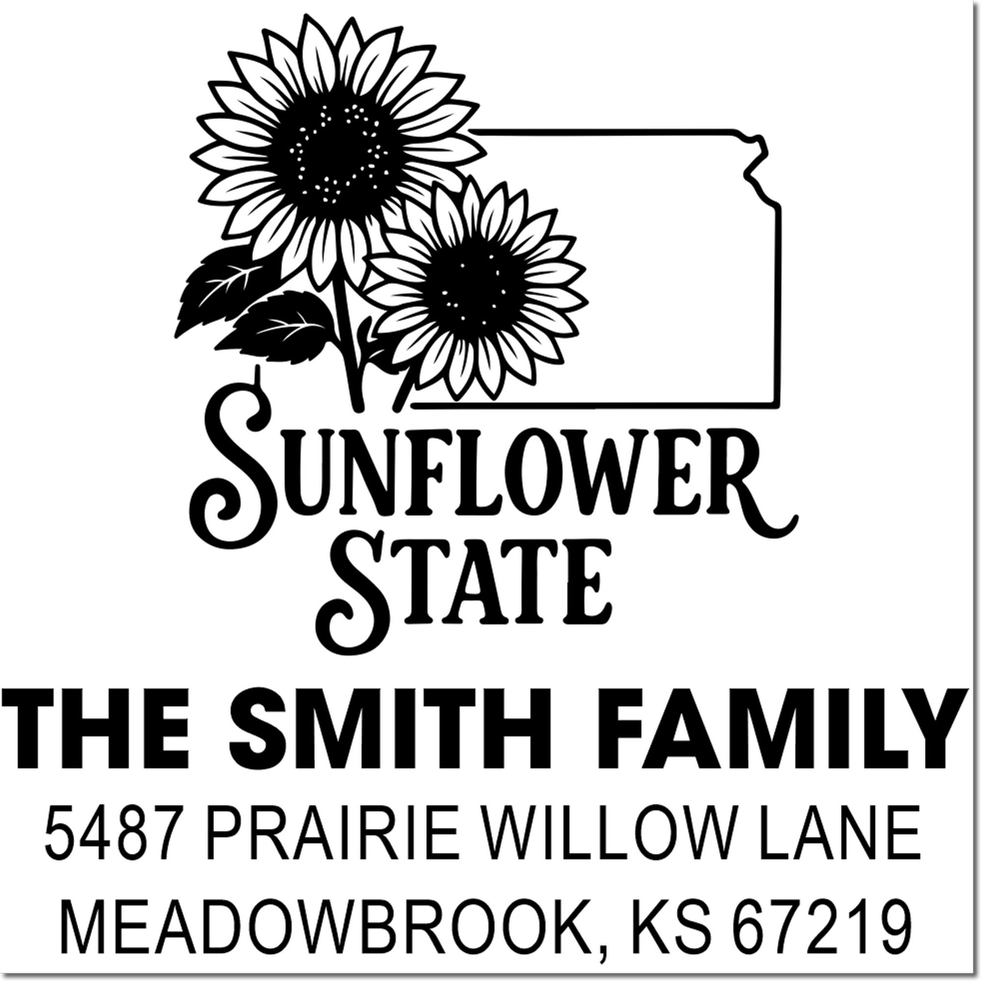 Custom Kansas sunflower state address rubber stamp for The Smith family with name and mailing address