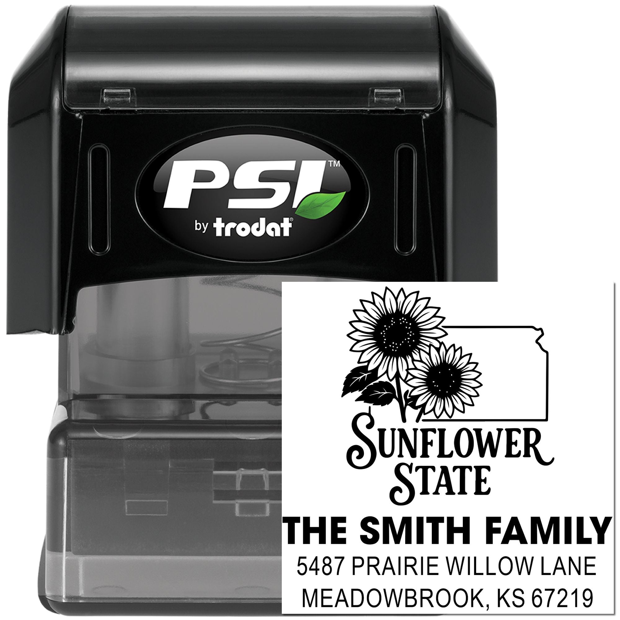 Custom self-inking rubber address stamp with Sunflower State design for personalized family mailing and return labels.