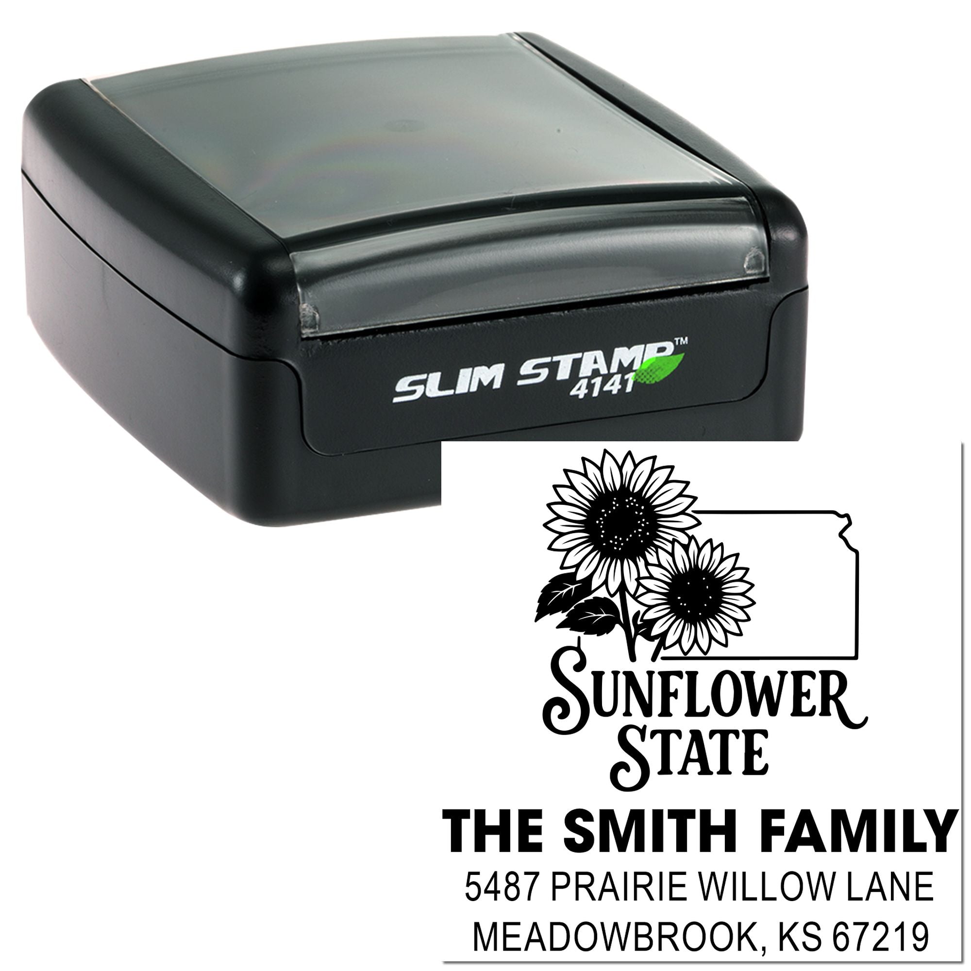 Custom self-inking return address stamp with Sunflower State design and Smith Family Kansas mailing imprint.