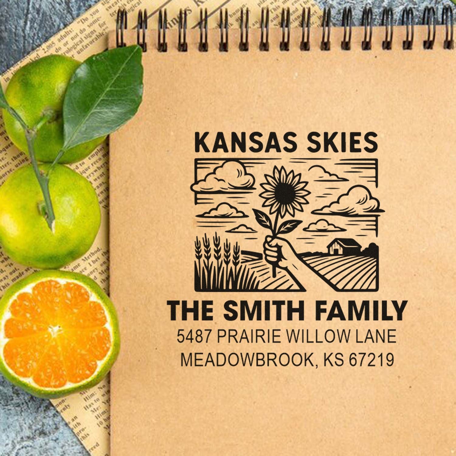 Custom Kansas Skies family address rubber stamp with sunflower farm design on kraft paper notebook.