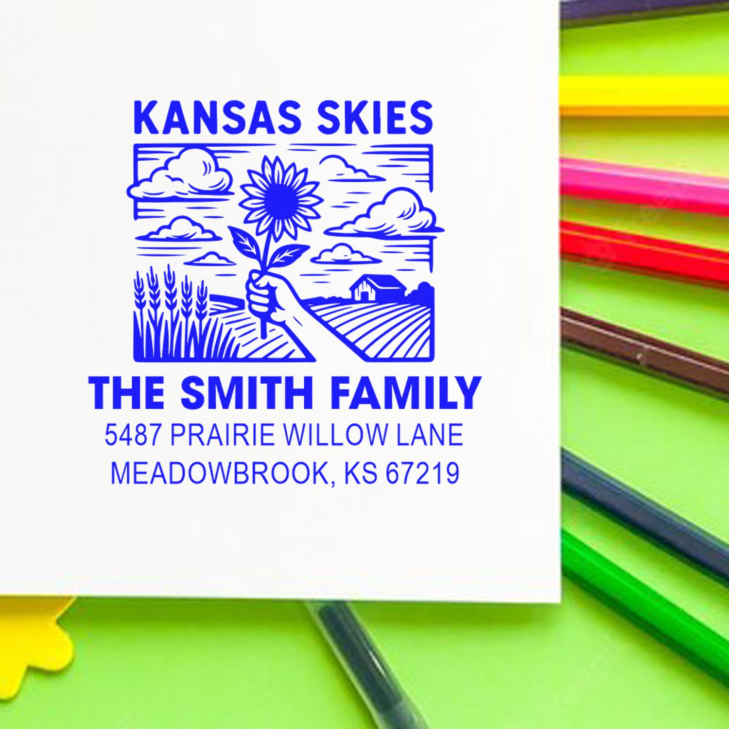 Kansas Skies personalized rubber address stamp for The Smith Family with custom name, address, and farm scene design.