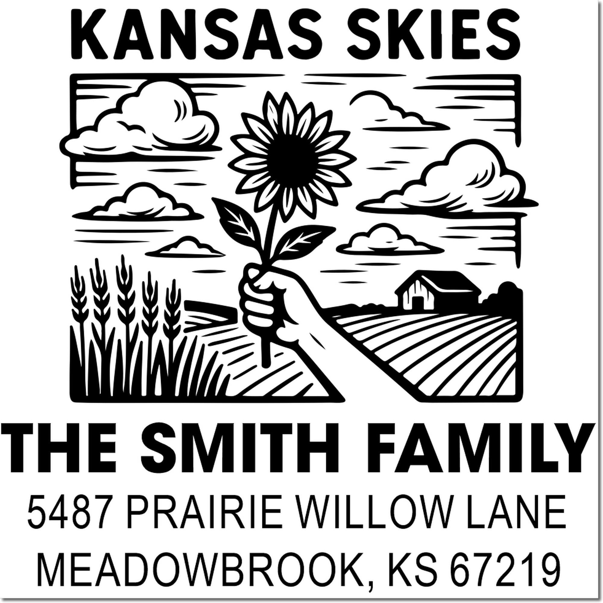 Custom Kansas Skies rubber stamp for The Smith Family, featuring farm fields, sunflower art and Meadowbrook, KS address.