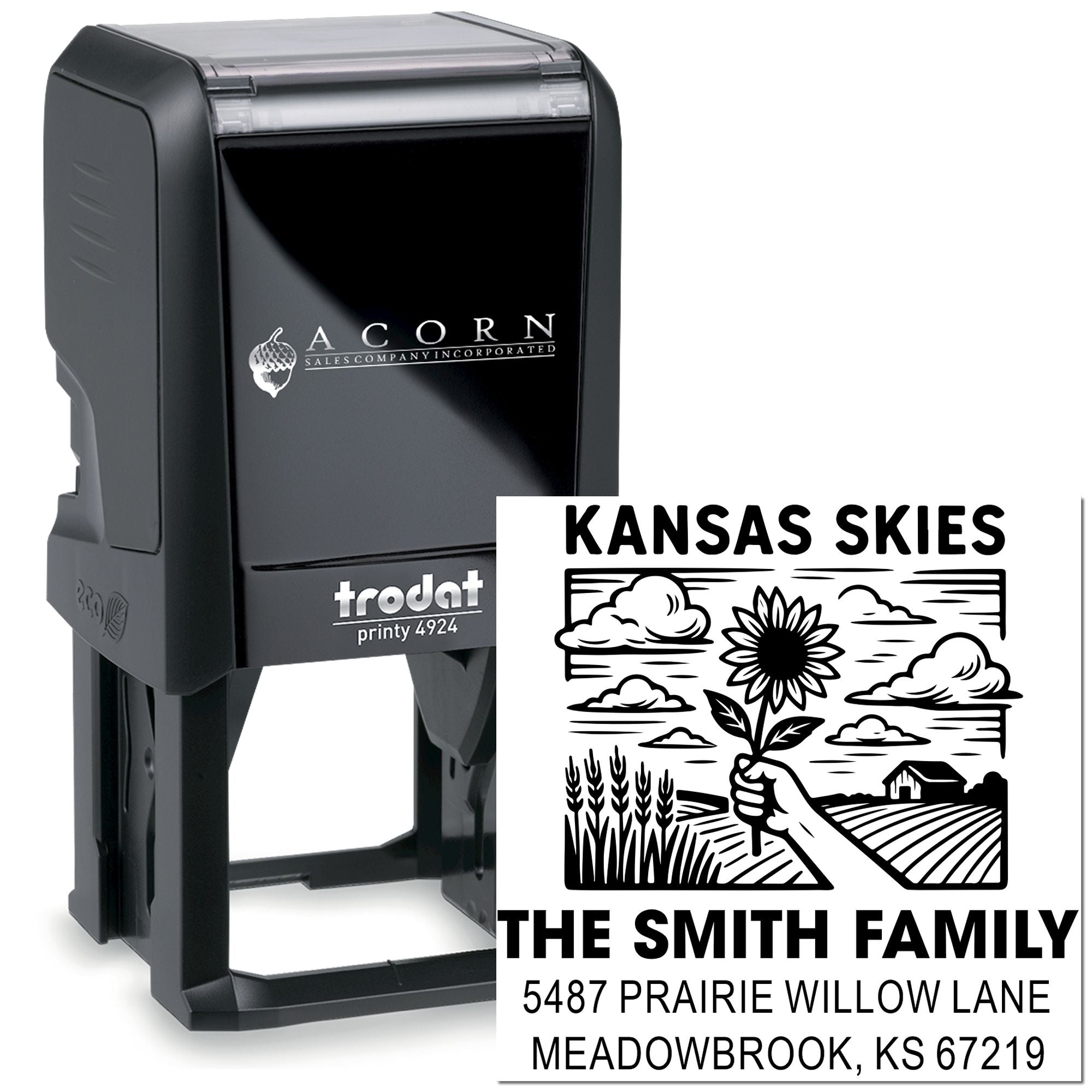 Custom self-inking rubber address stamp with Kansas Skies design, personalized The Smith Family Trodat Printy 4924 stamp.