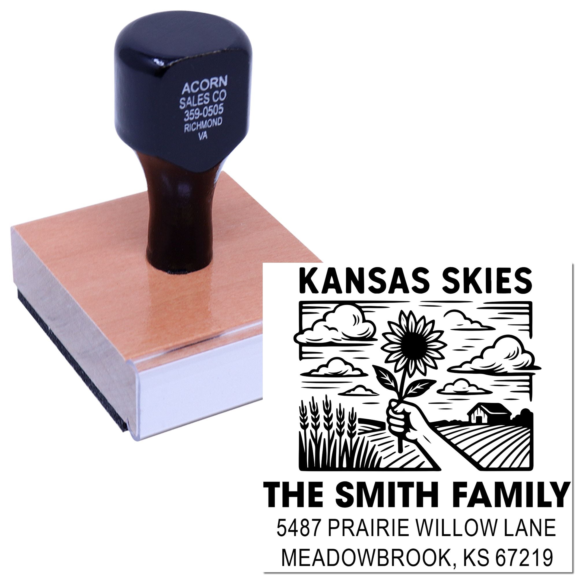 Personalized Kansas family return address rubber stamp with farm and sunflower design for custom mailing.