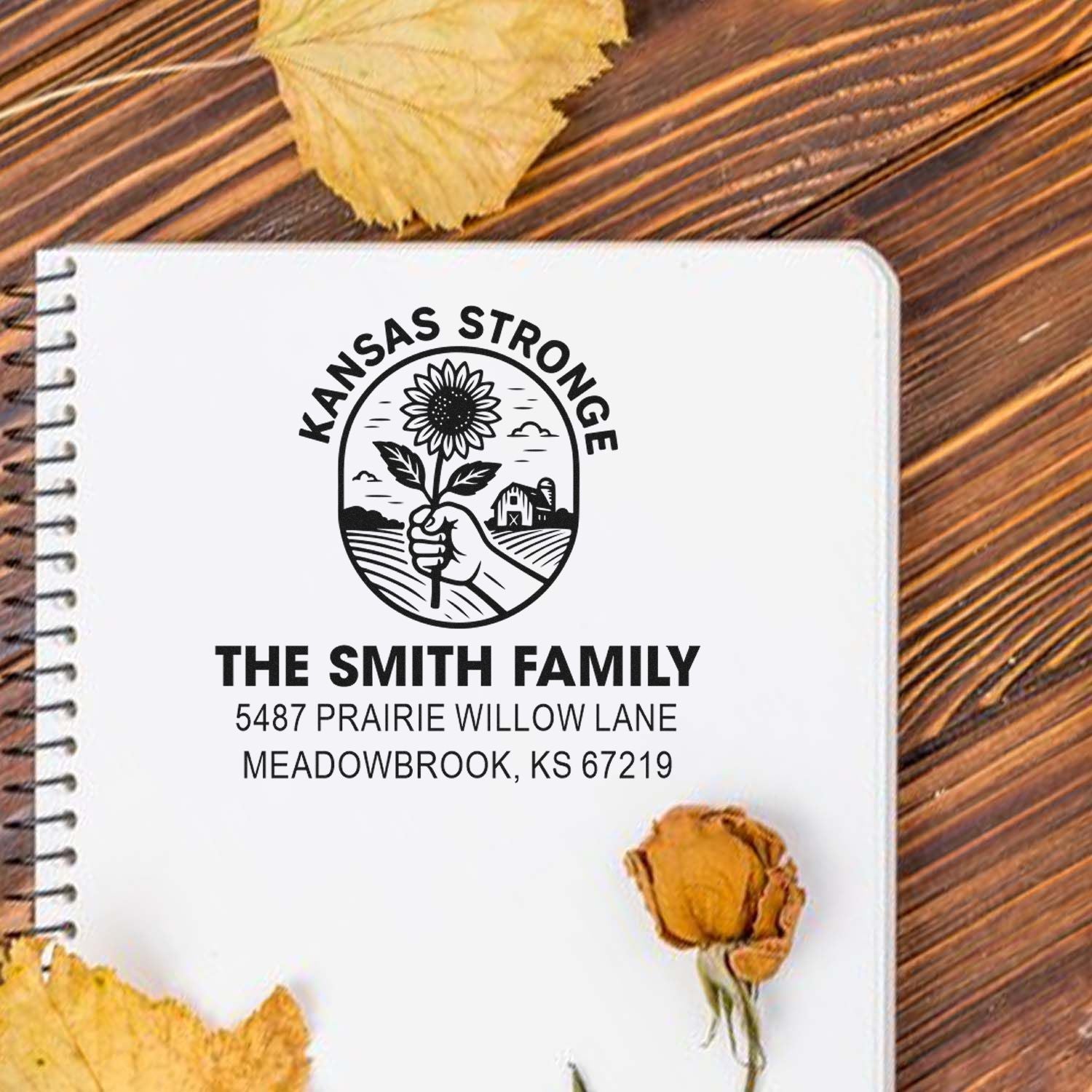 Personalized Kansas Stronge address rubber stamp for The Smith Family with sunflower farm design and Meadowbrook, KS address.