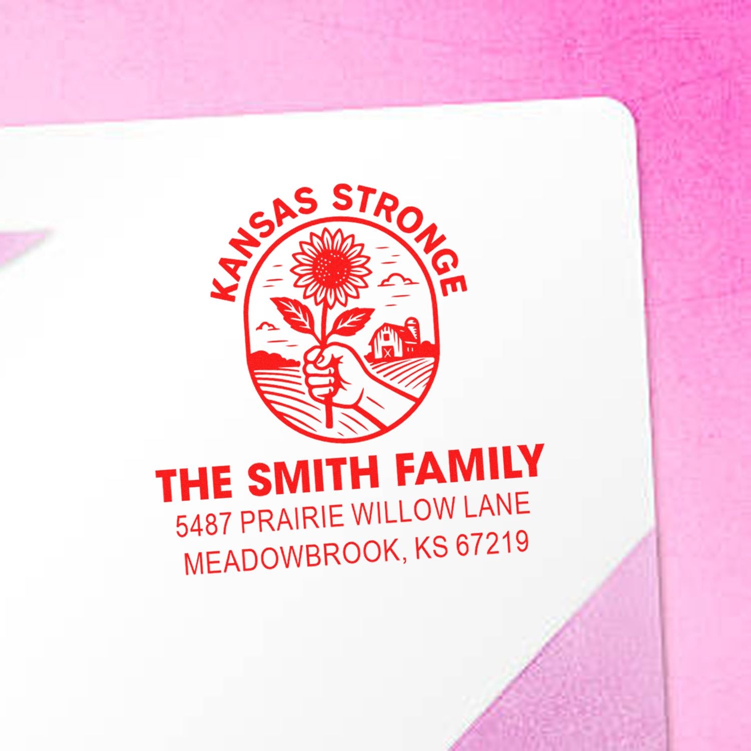 Personalized family return address rubber stamp with Kansas Strong design for The Smith Family envelope