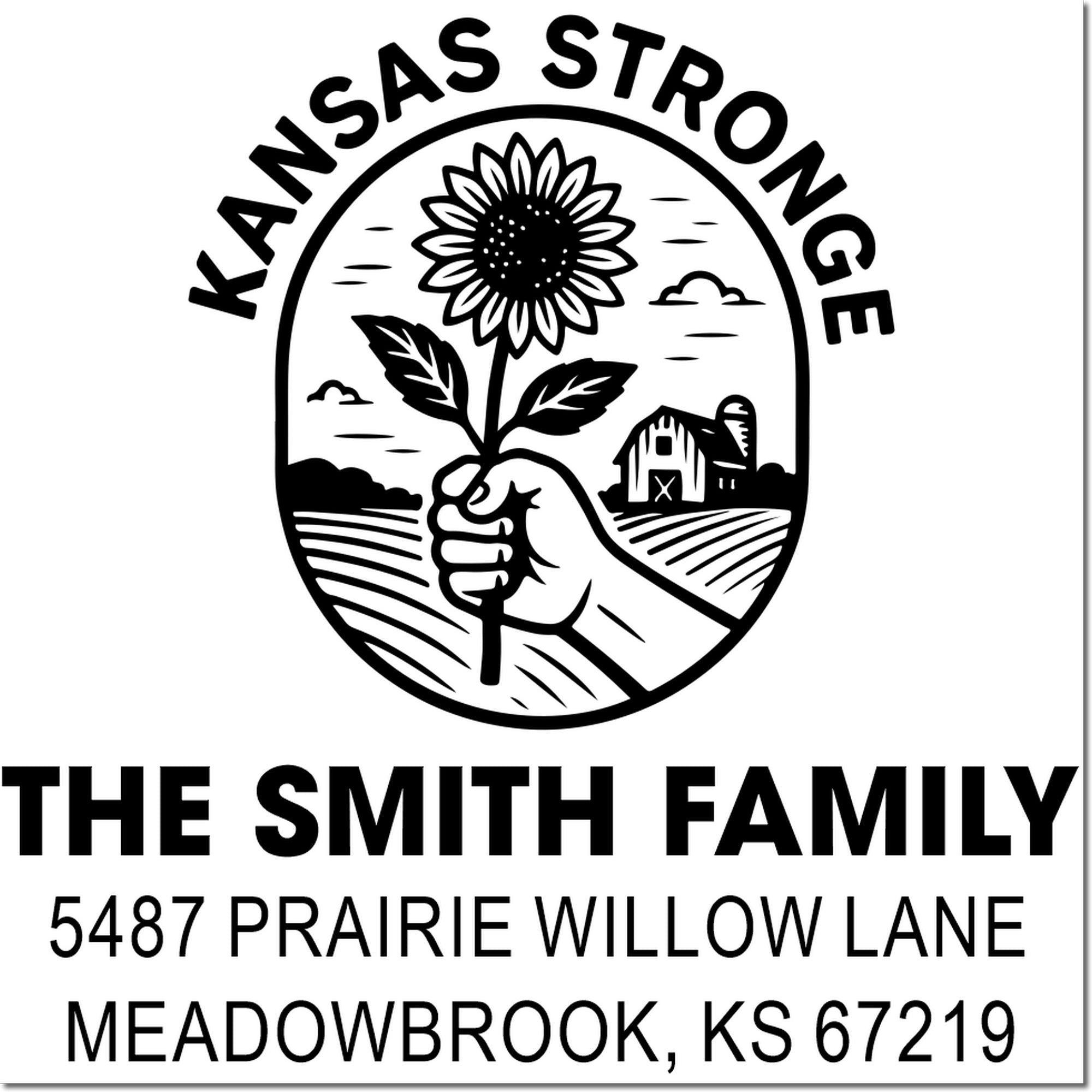 Custom rubber stamp with sunflower farm logo and return address for The Smith Family in Meadowbrook, KS 67219.