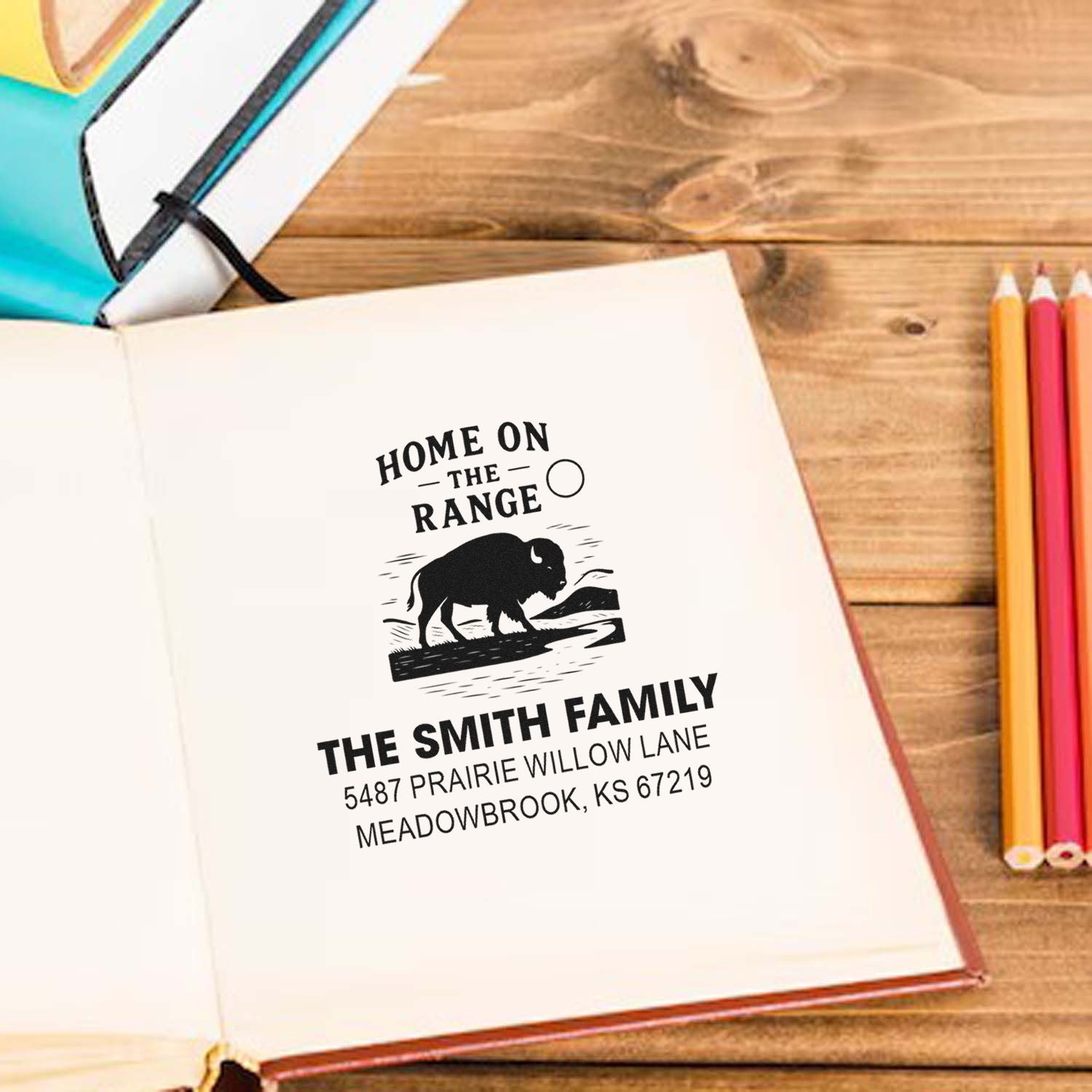 Custom rubber stamp design with buffalo, Home on the Range, and The Smith Family address for personalized mailings.