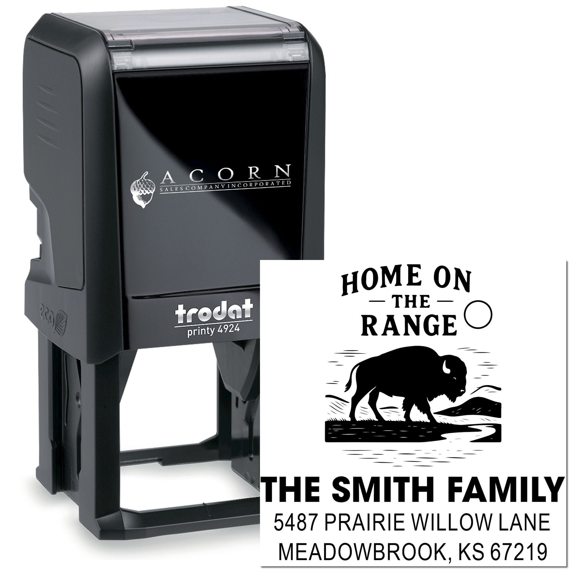 Self-inking custom rubber stamp with bison Home on the Range design and Smith family address for personalized mailing.