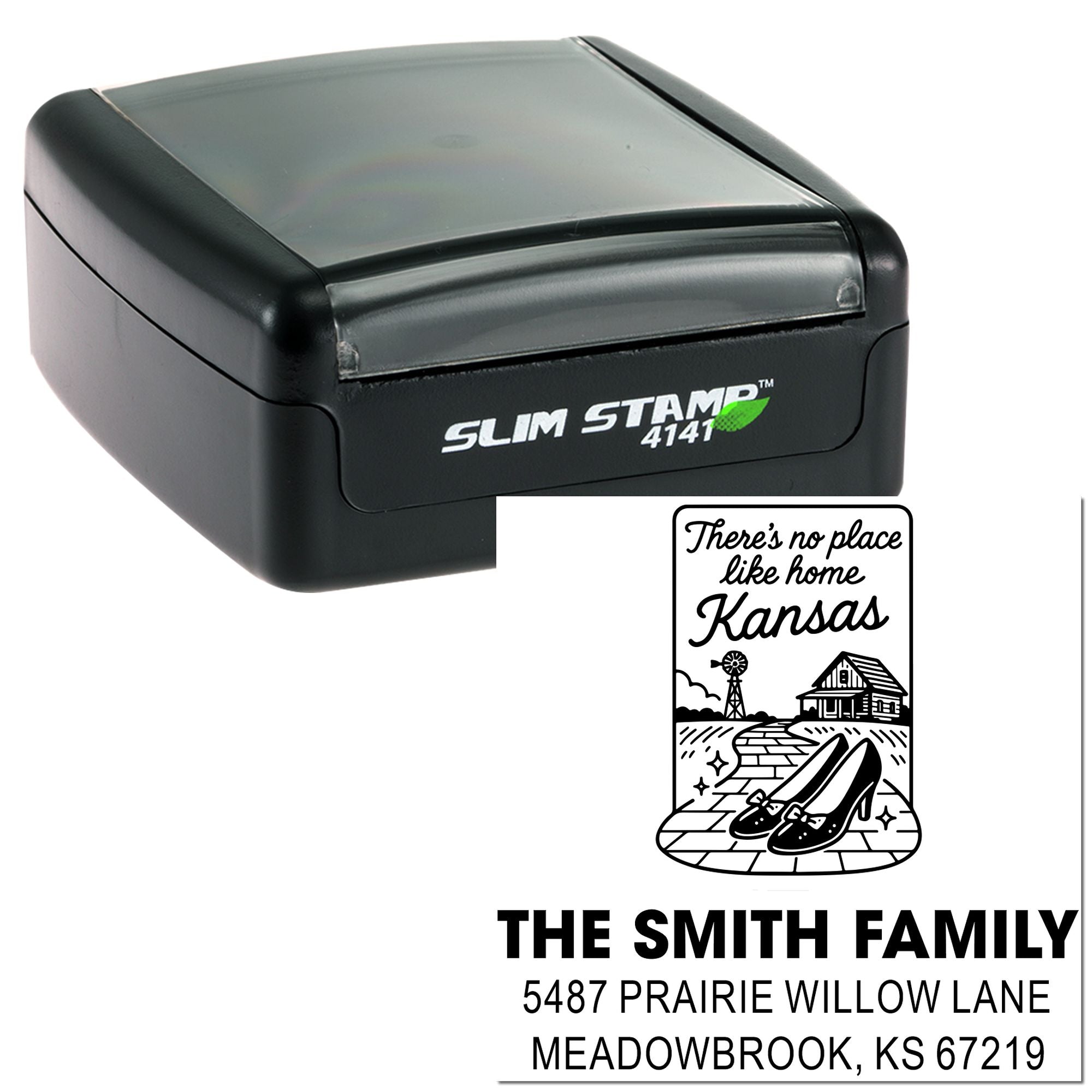 Slim Stamp 4141 self-inking rubber stamp with custom Kansas return address stamp for The Smith Family