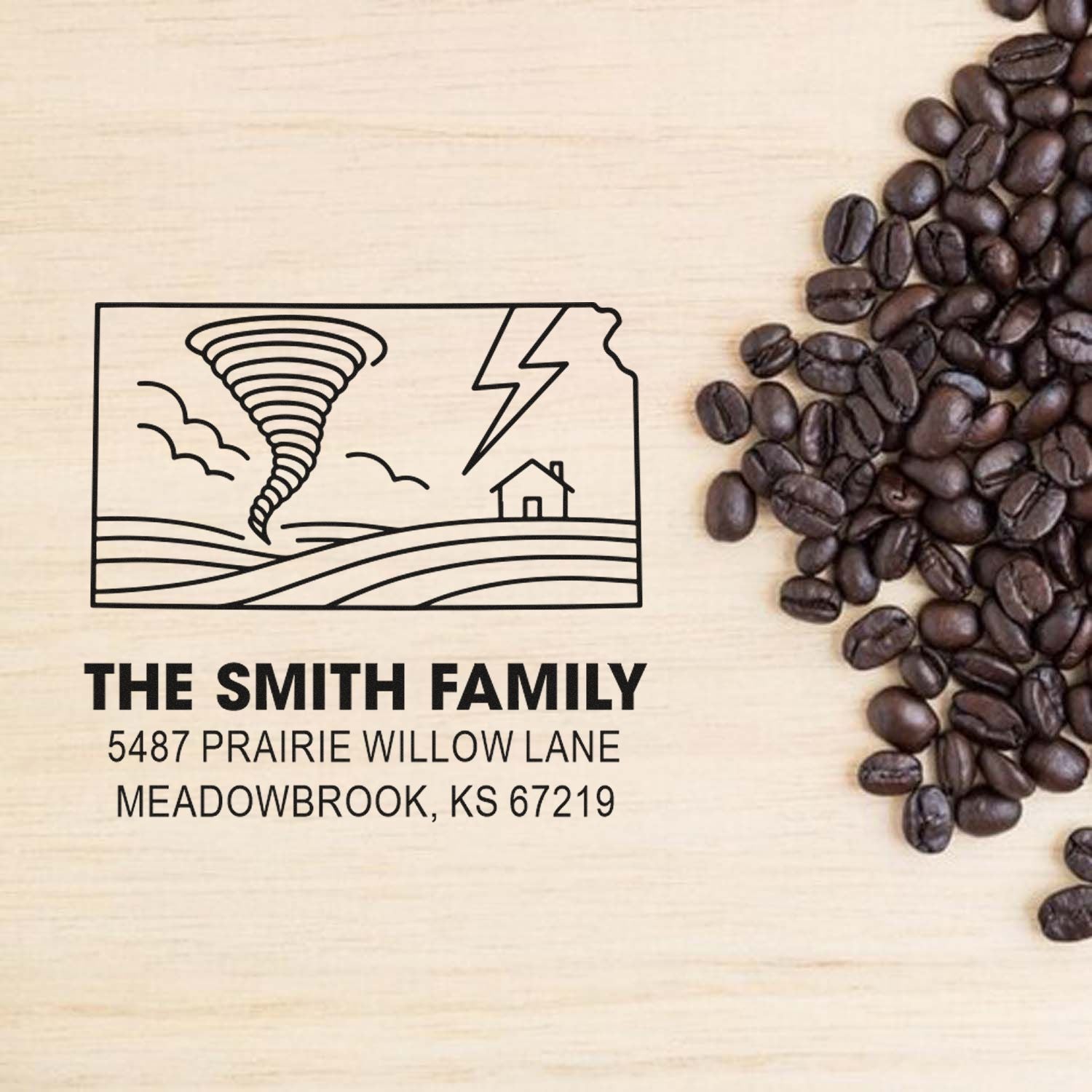 Custom family return address rubber stamp with tornado design and house icon on rustic wood.
