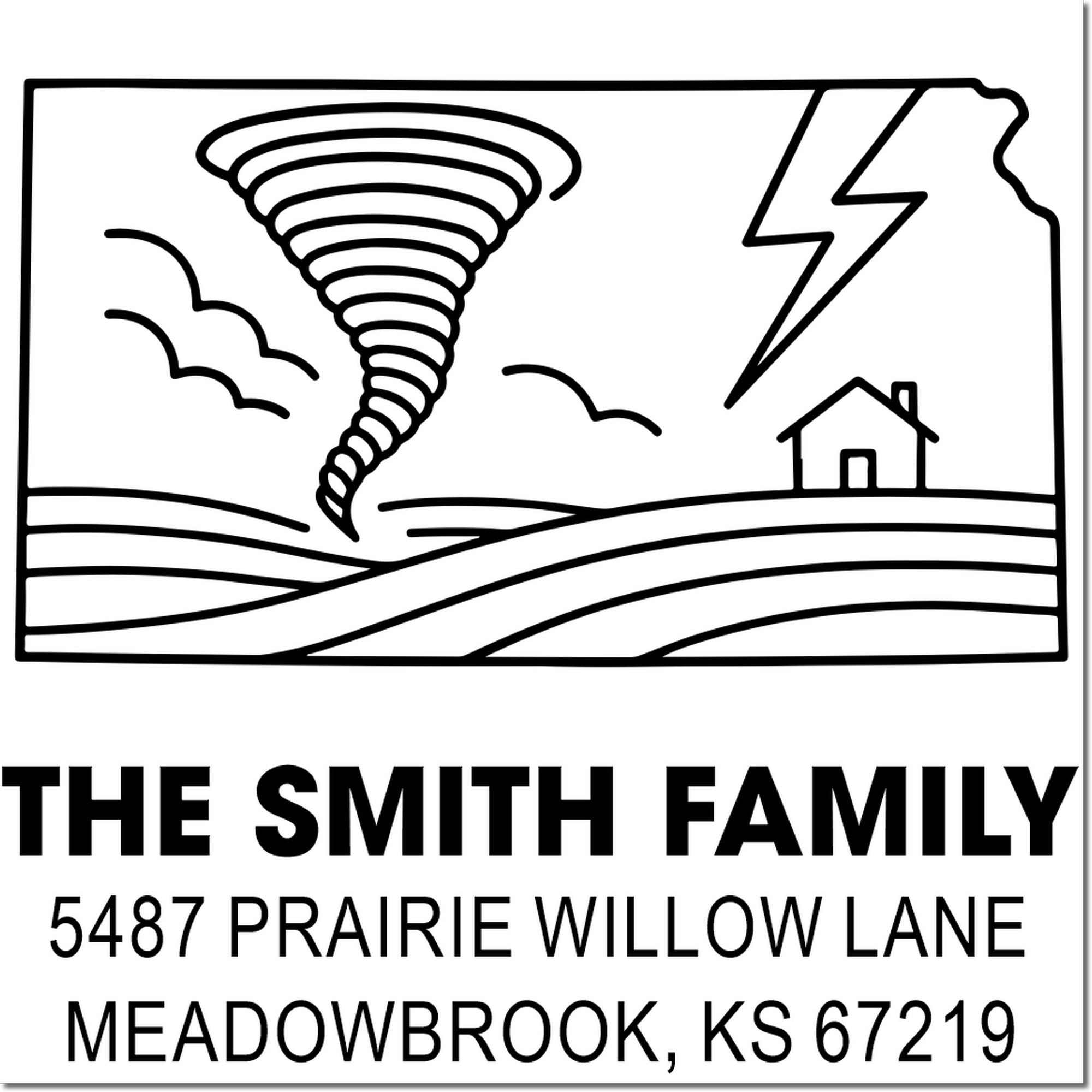 Personalized return address rubber stamp for The Smith Family with tornado and farmhouse logo.