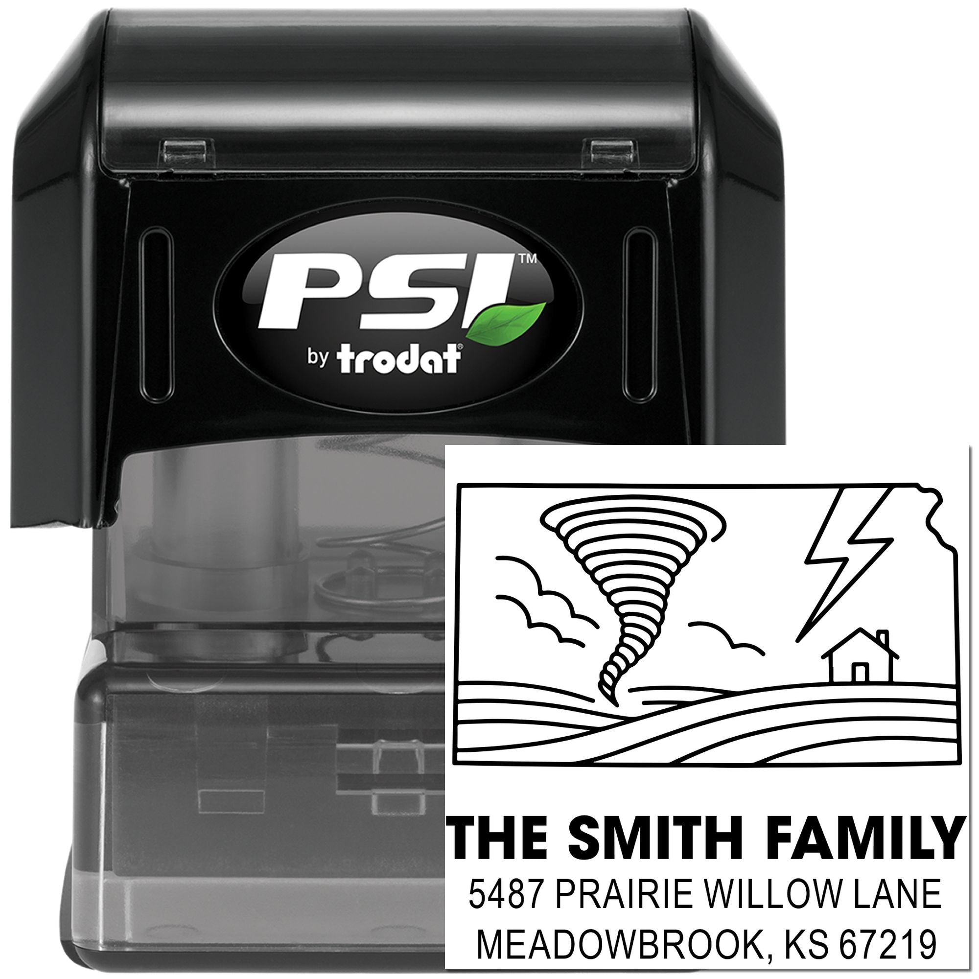 Custom PSI by Trodat self-inking rubber stamp with tornado warning return address for The Smith Family.