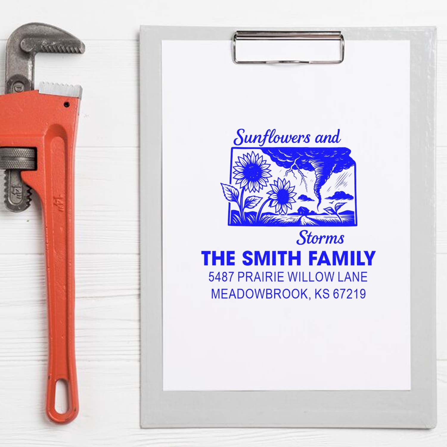 Personalized return address rubber stamp with sunflower and storm design for The Smith Family mailing envelopes.