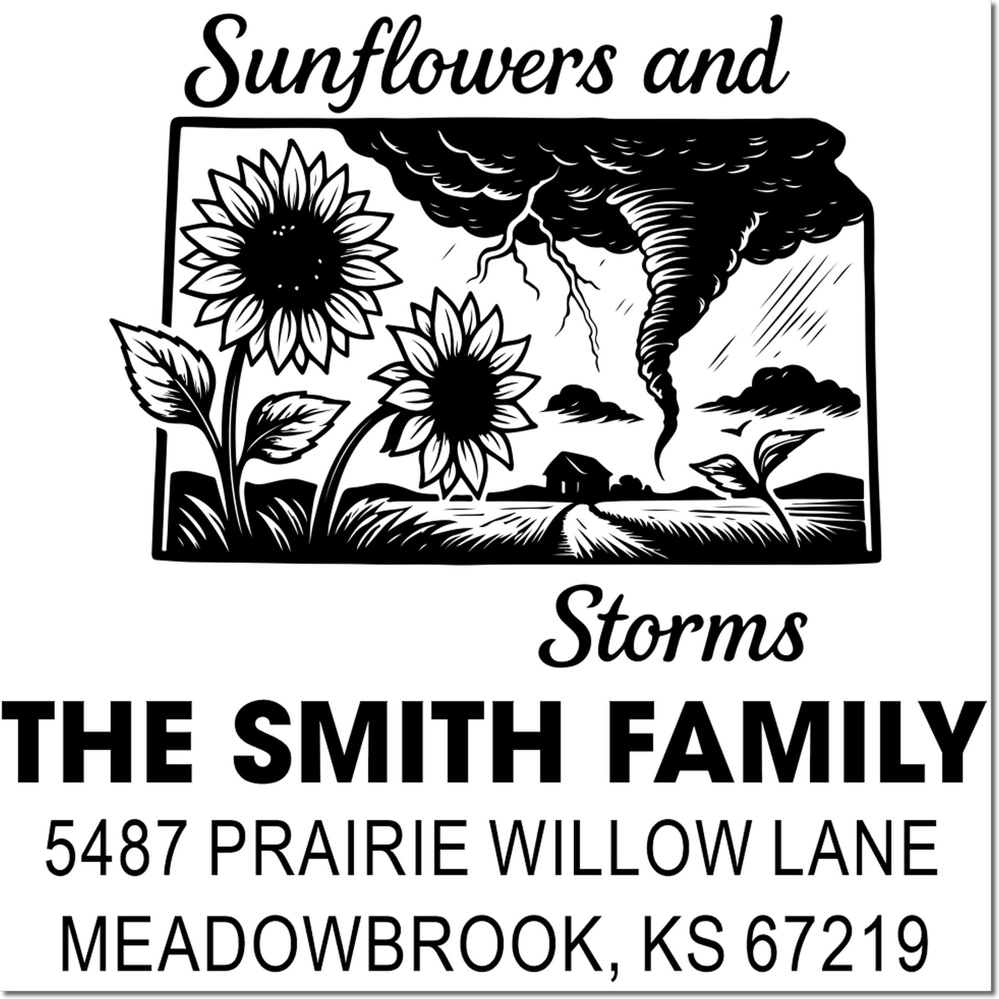 Custom rubber stamp for The Smith Family return address, featuring sunflowers and a storm design, Meadowbrook, KS.