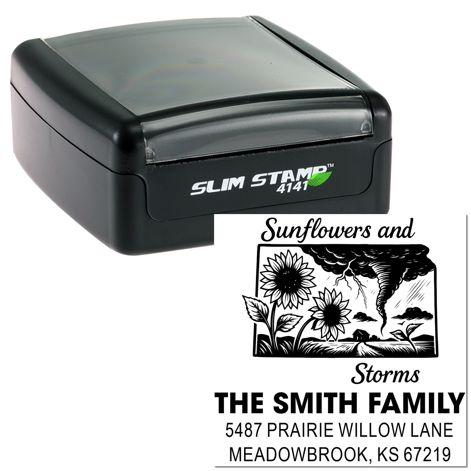 Custom self-inking rubber stamp with personalized family name and return address, featuring a sunflower and storm design.