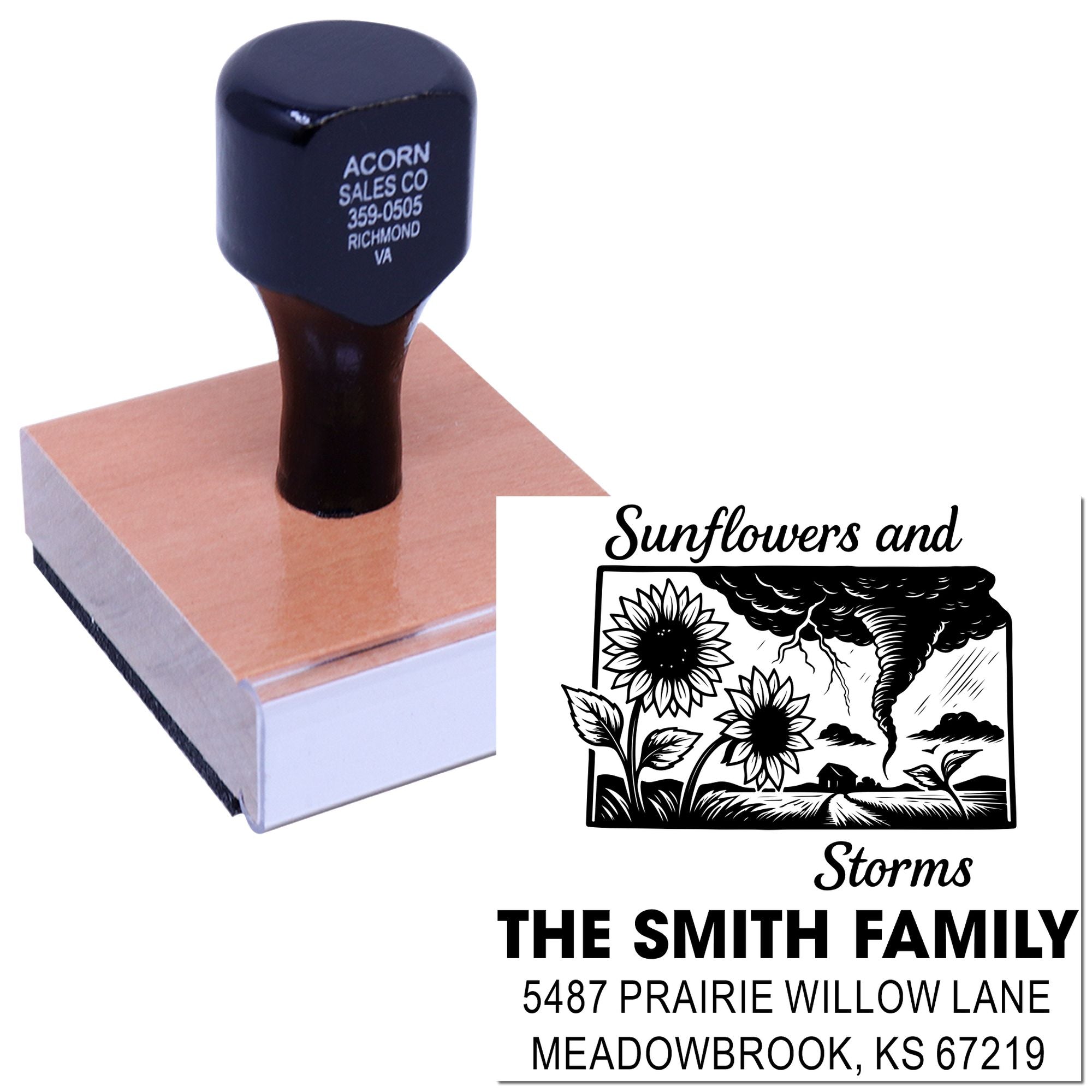 Custom rubber address stamp with sunflower and storm design for The Smith Family, featuring name and Prairie Willow Lane address.