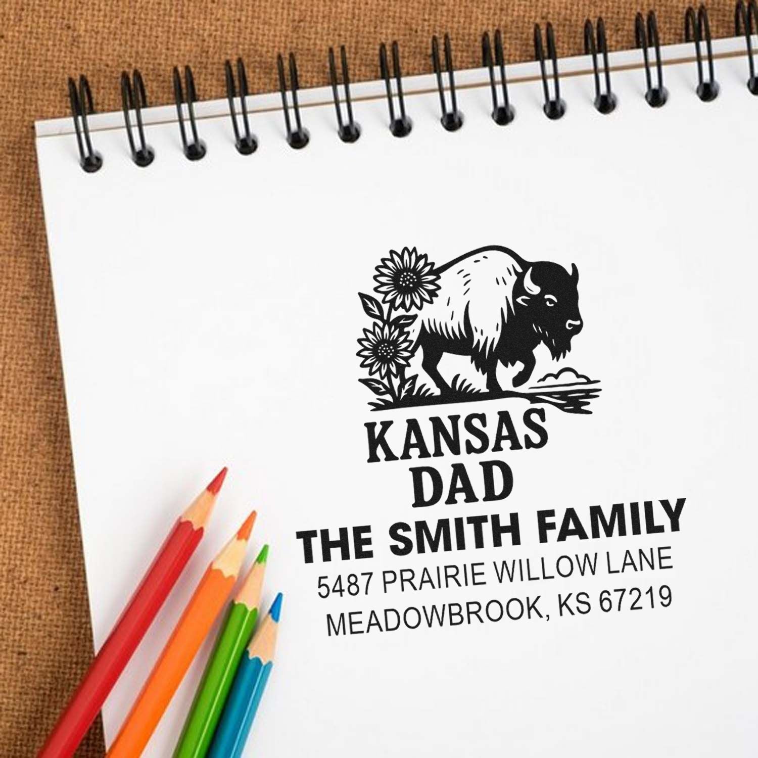 Custom Kansas Dad rubber stamp with bison design, Smith family name, and return address for personalized stationery.
