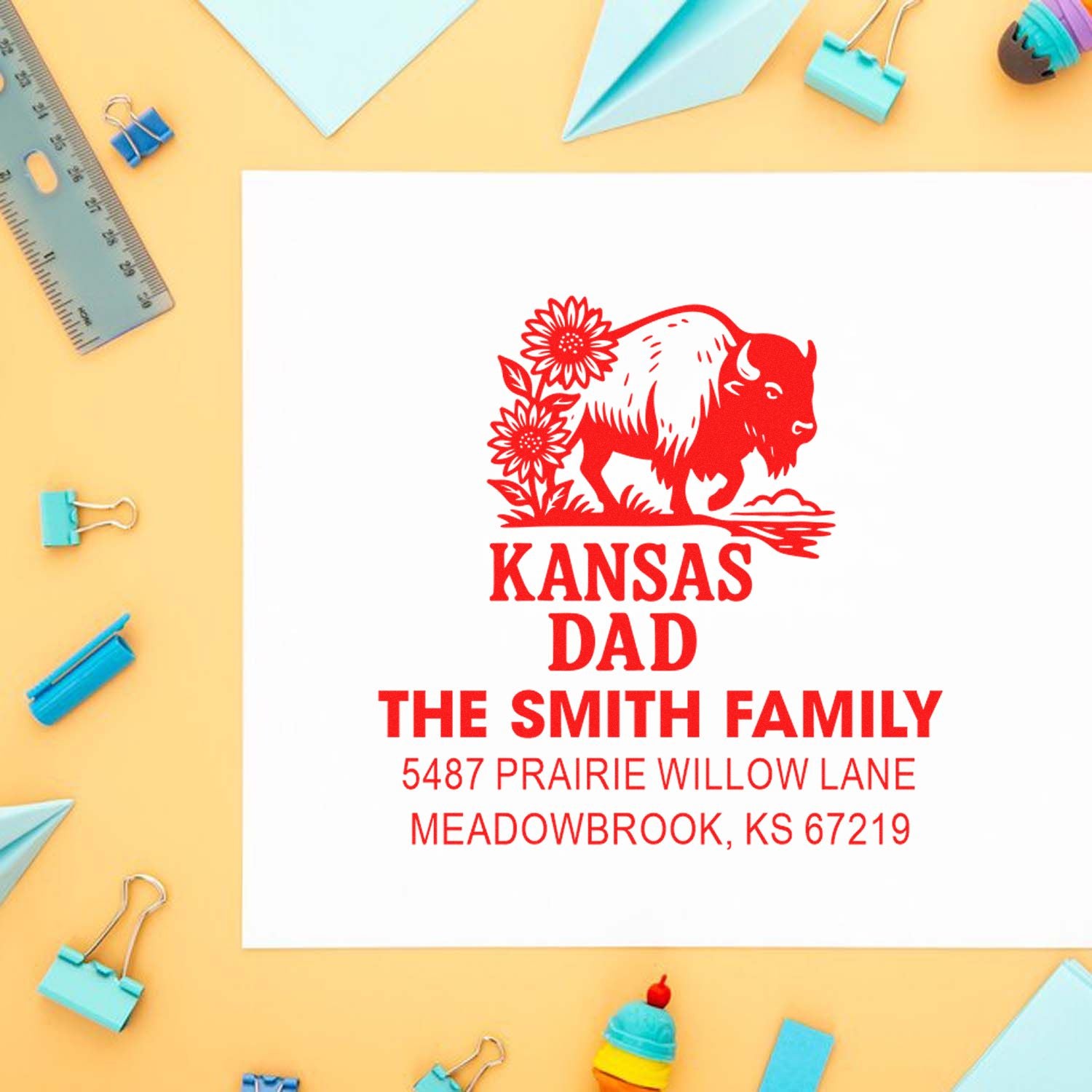 Personalized Kansas Dad rubber stamp with bison design, Smith family name, and return address for custom mailings.
