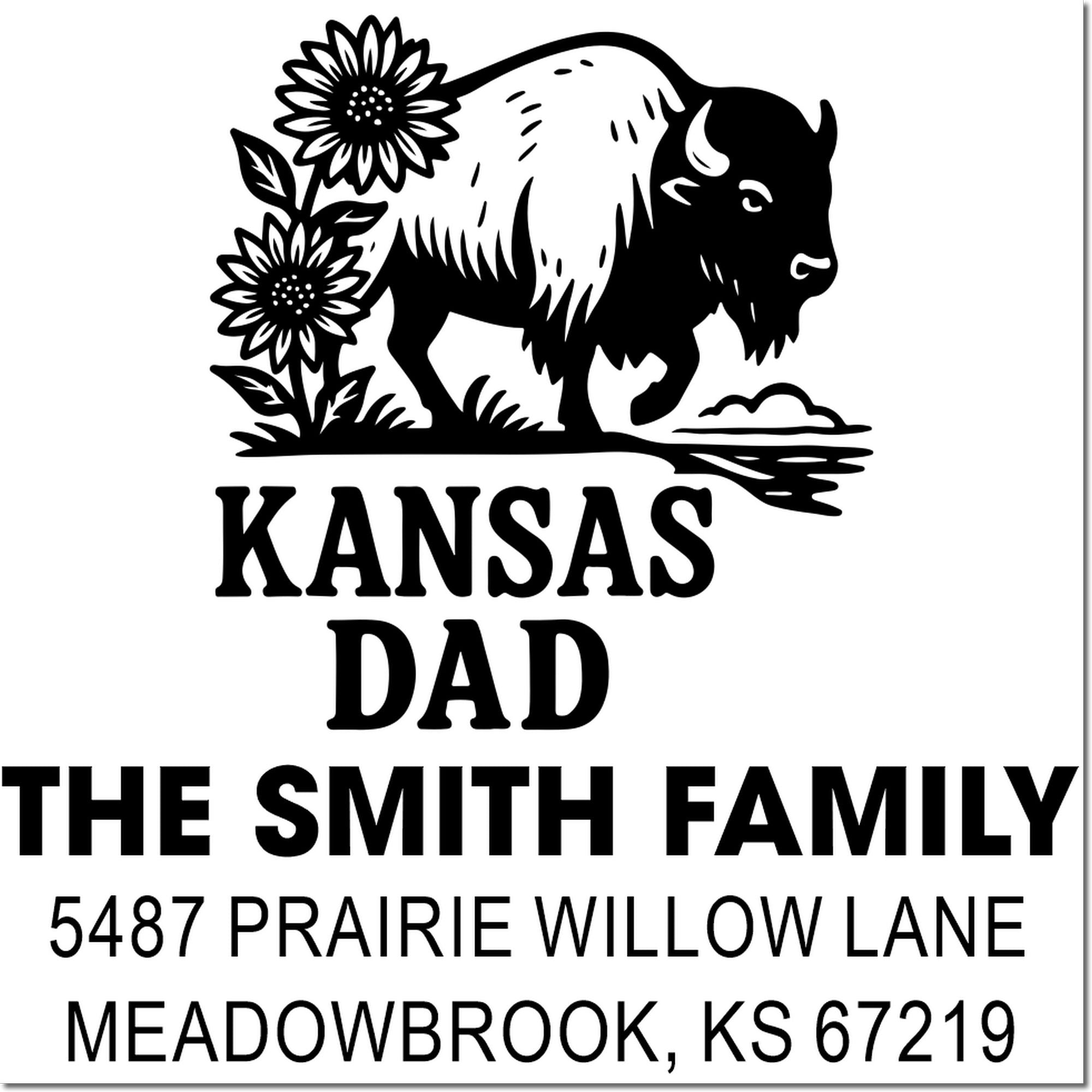 Custom Kansas Dad address stamp with bison and flowers, personalized for The Smith Family in Meadowbrook, KS 67219