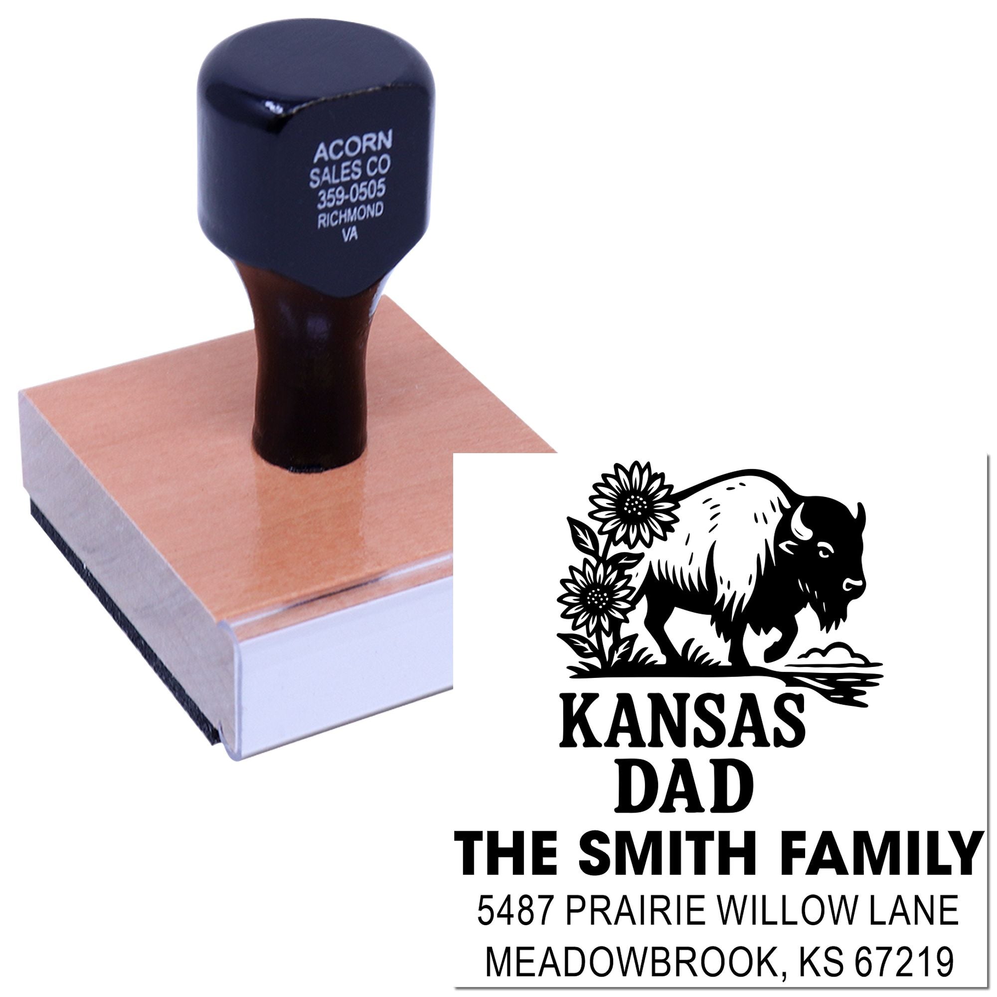 Custom Kansas Dad return address rubber stamp with buffalo design for personalized envelopes, mail and family branding