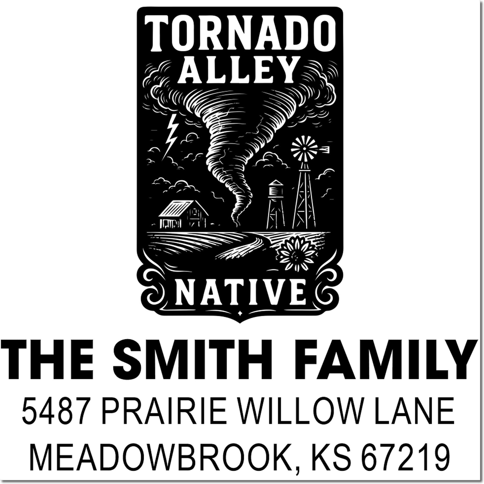 Custom rubber stamp design for The Smith Family, featuring Tornado Alley Native and a Kansas return address.