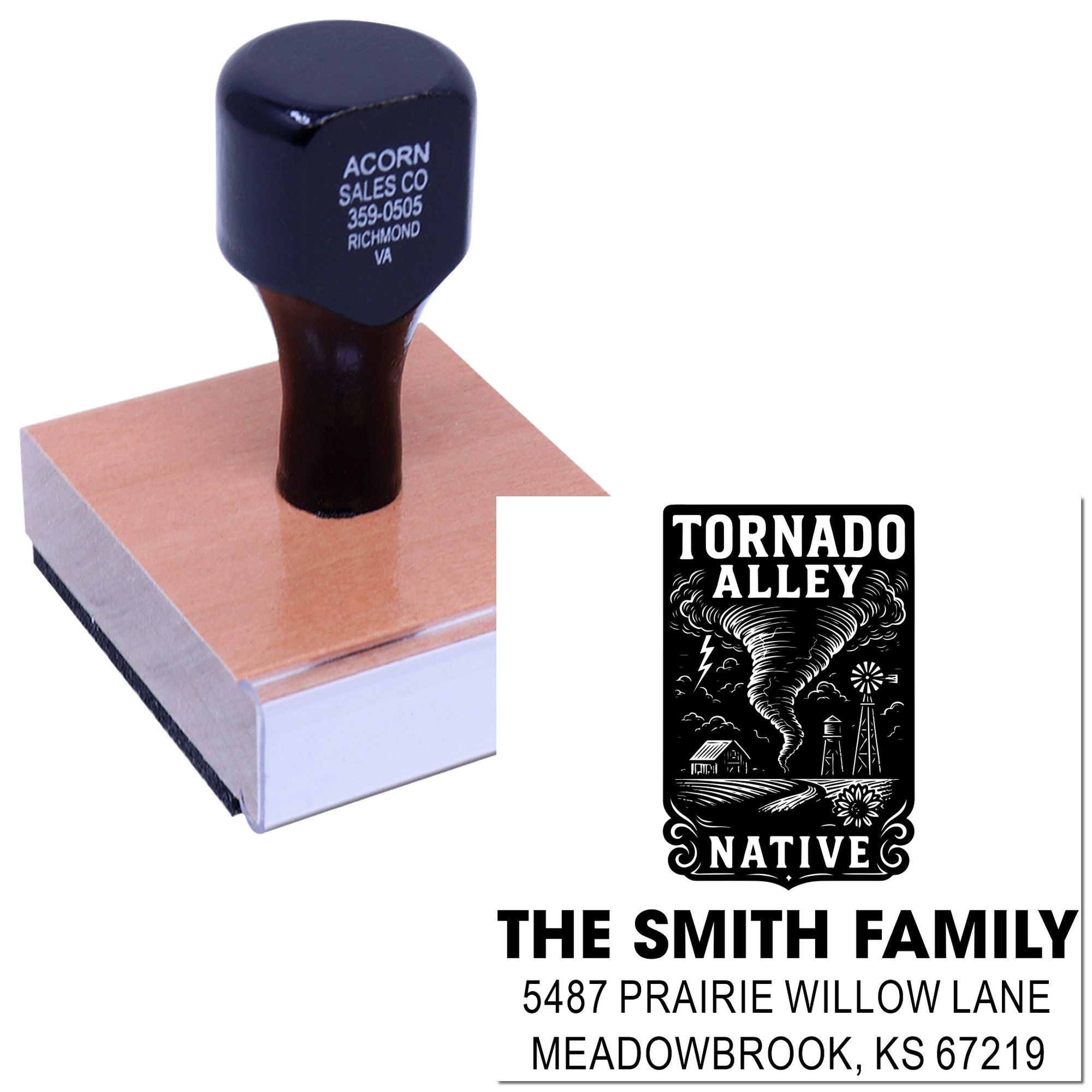 Custom address rubber stamp with Tornado Alley Native design for The Smith Family, personalized mailing stamp.