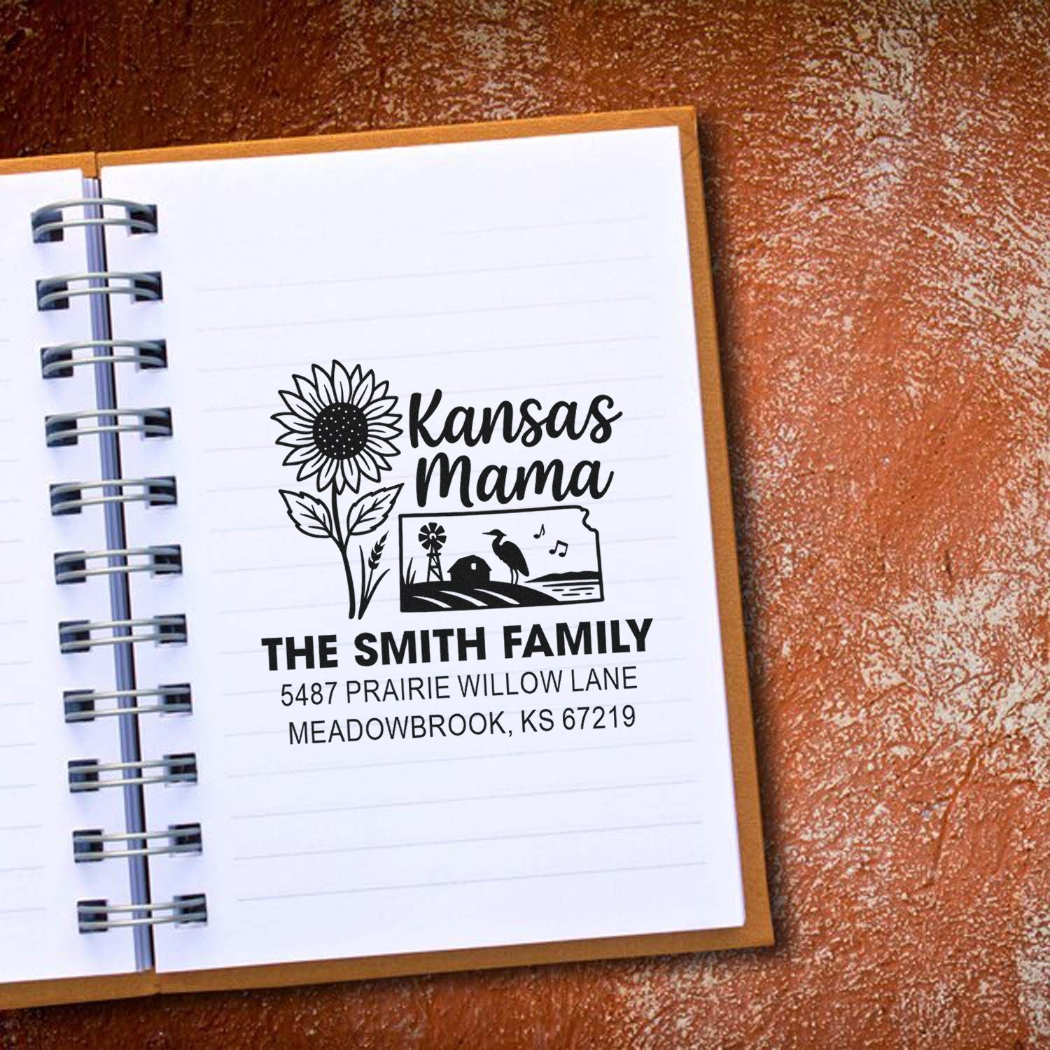 Personalized Kansas Mama rubber stamp with sunflower, family name, and return address for custom envelopes and stationery.